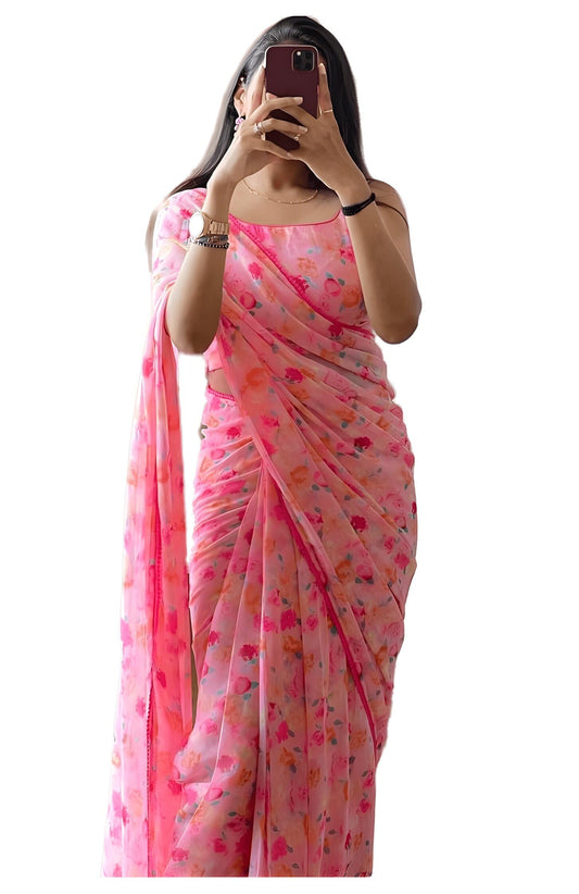 Stylescope Women's Georgette Floral Printed Lace Bordered Ready To Wear One Minute Saree With Print Unstitched Blouse Piece (Candy Pink_Pink_Free Size)