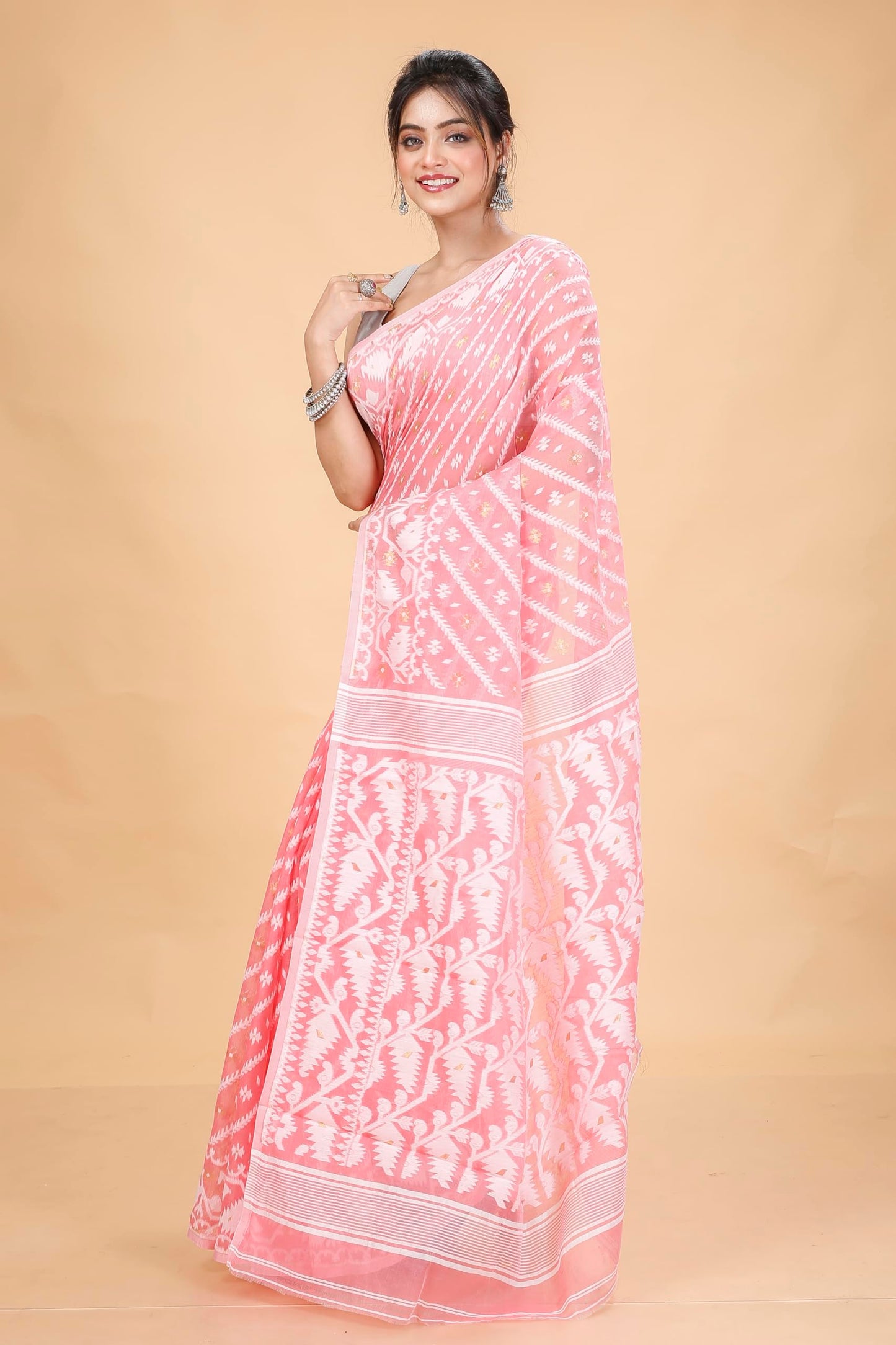 Tant Vastra Women’s Soft Resham Dhakai Karat Jamdani Saree without Starch And Without Blouse Piece (Peach)