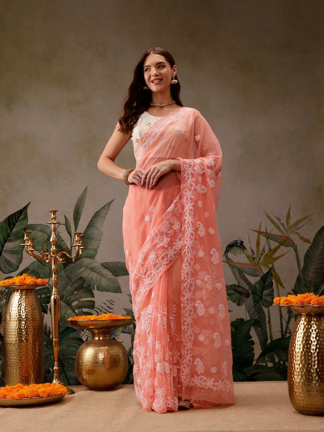 Ada Latest Chikan Peach Georgette Fancy Saree Blouse With Designer Embroidered Motifs A130092