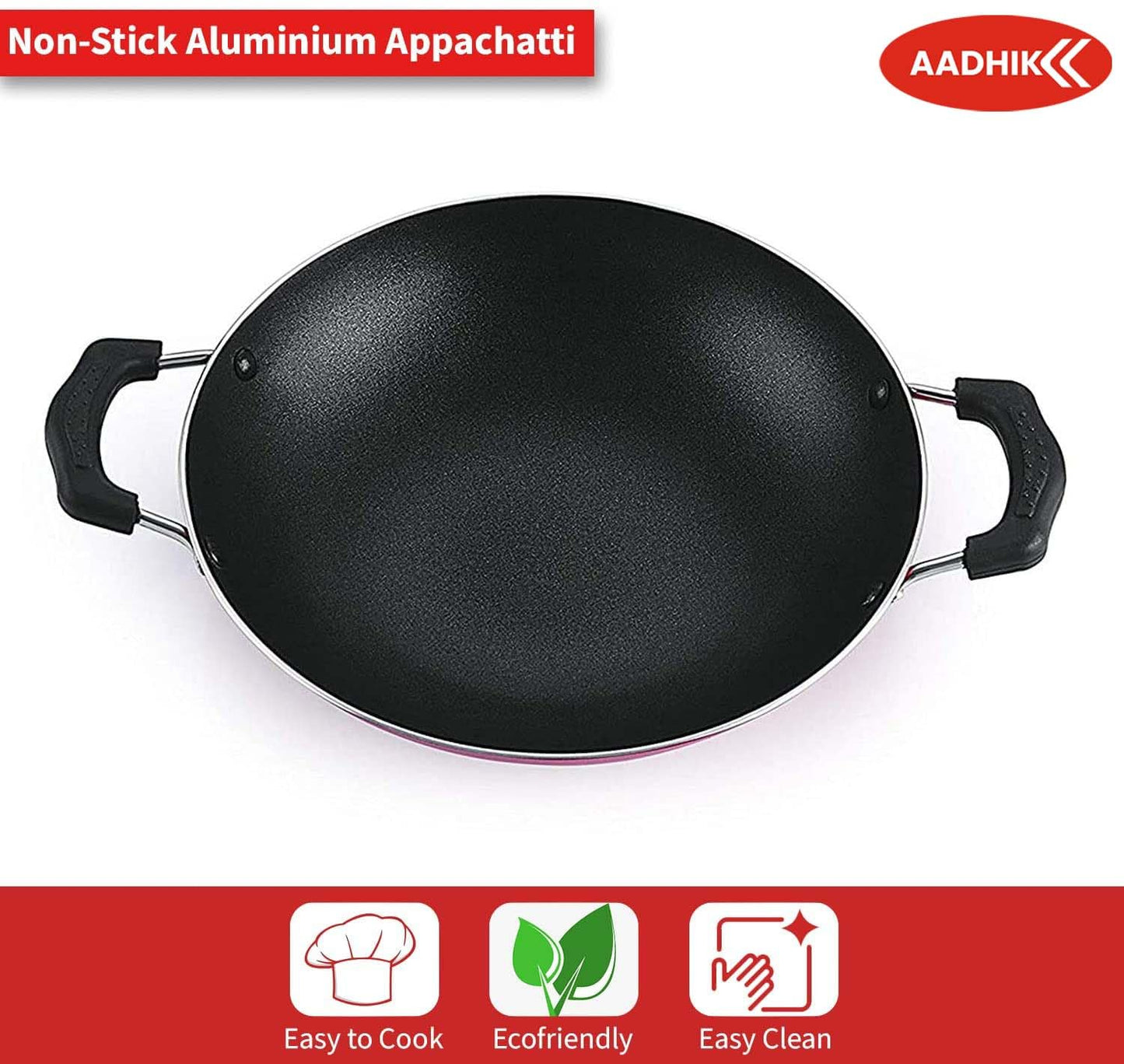 AADHIK Non-Stick Appa Chetty, Aluminium Appachatty, 23cm Diameter, 2.6mm Appachatti, Gas Compatible, Red