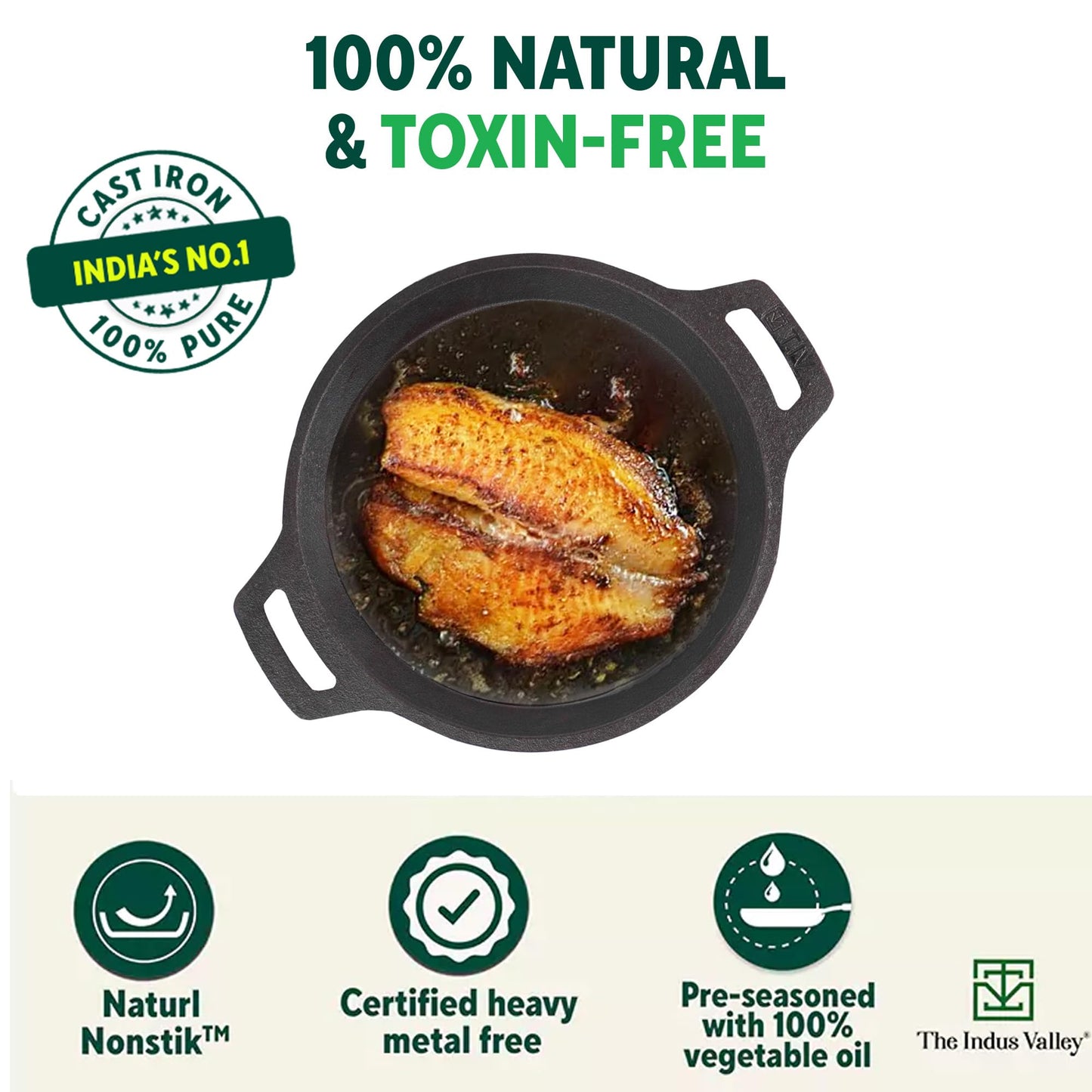 The Indus Valley Preseasoned Cast Iron Fish Fry Pan With Double Handle| Medium 22.4Cm/ 8.8Inch, 1.5Kg | Induction Friendly | Nonstick Fish Fry Pan, 100% Pure & Toxin Free, No Chemical Coating, Black