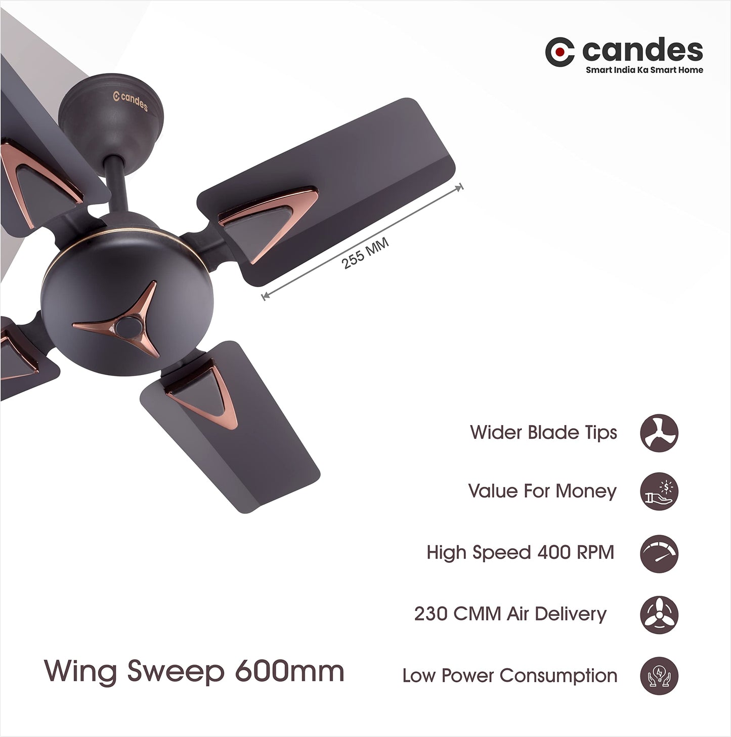 Candes Figo 600 mm /24 inch High Speed Ceiling Fan | BEE Star Rated, High Air Delivery & Energy Saving | Small Fan for Kitchen, Balcony & Small Room | 1+1 Year Warranty | Coffee Brown