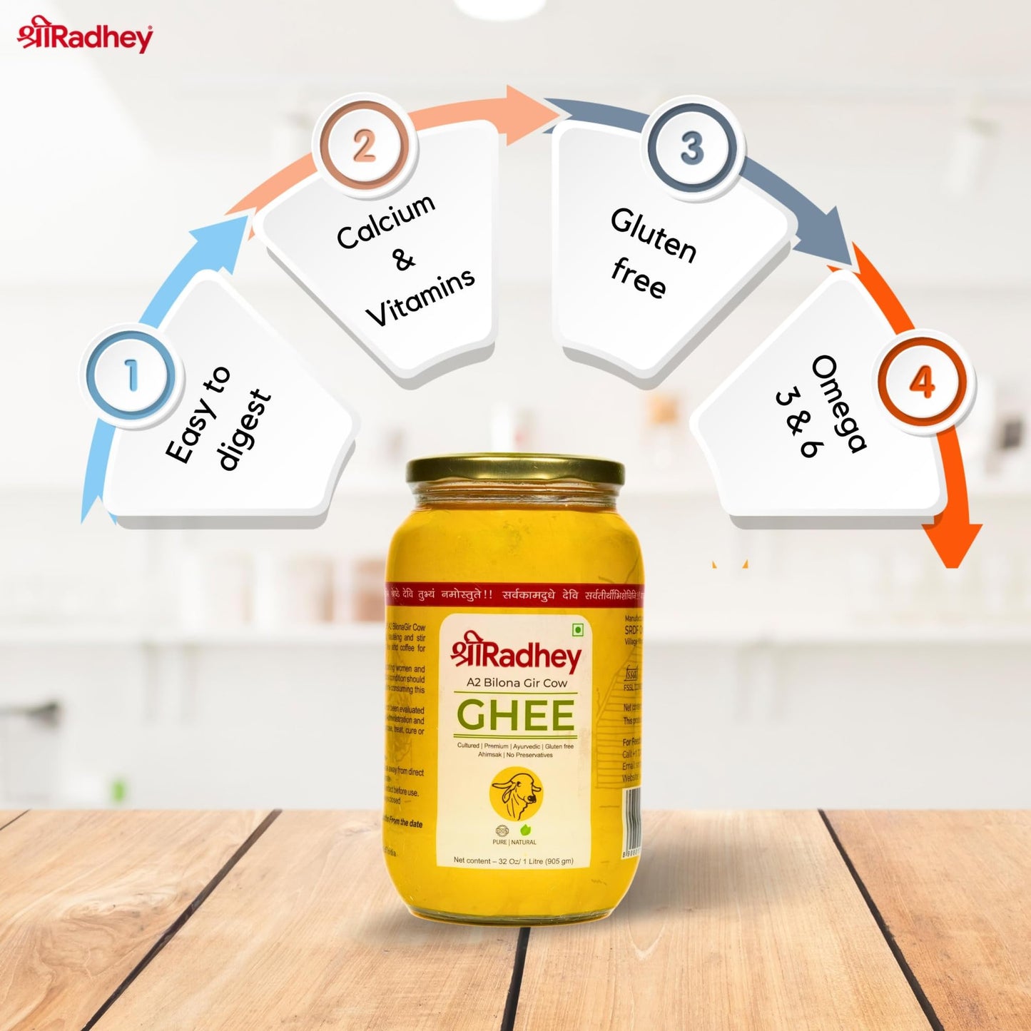 SHREERADHEY Gir Cow Ghee I A2 Bilona Traditional Bilona Method I 1 L Glass Bottle, 1.53 Kg