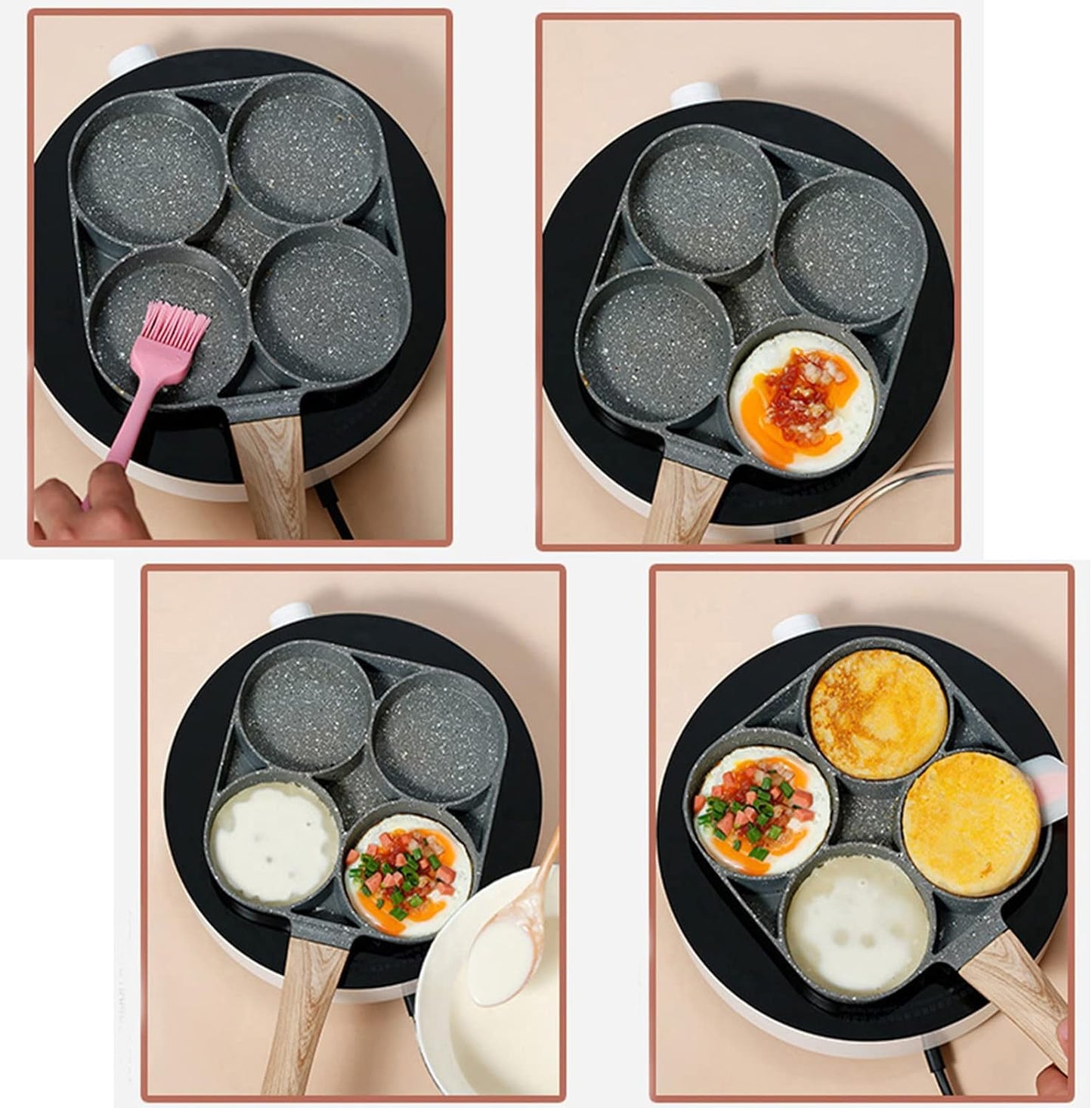Cannagenix 4 Cups Egg Pan Omelette Pan Frying Pan Egg Frying Pan 4 Cup Crepe Pan Granite Egg Cooker Breakfast Pancakes Pan Suitable for Gas Stove & Induction Cookware (Wood Grain Handle)