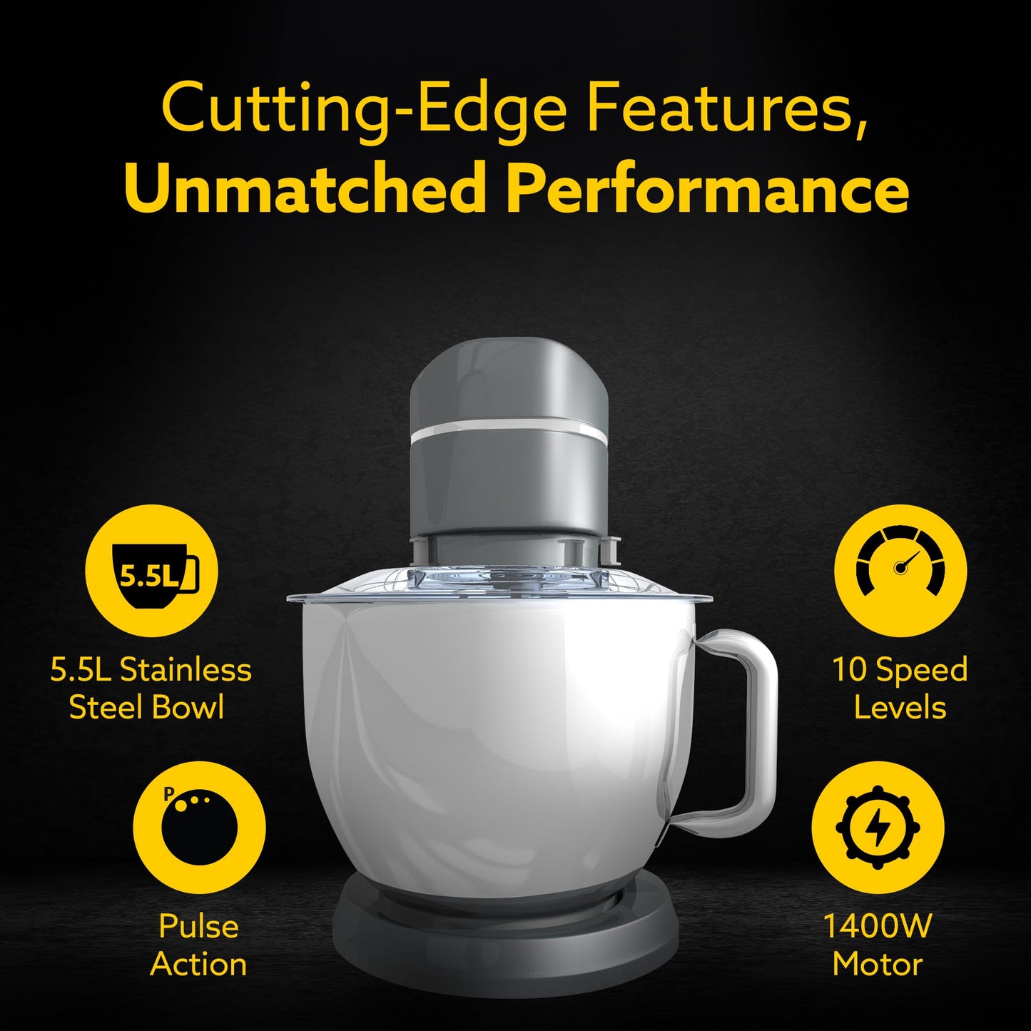 AGARO Elegant Stand Mixer, 1400W with 5.5L SS Bowl, 10 Speed Settings, Pulse Function, 100% Copper Motor, Includes Whisker, Beater, Dough Hook, Dark Grey