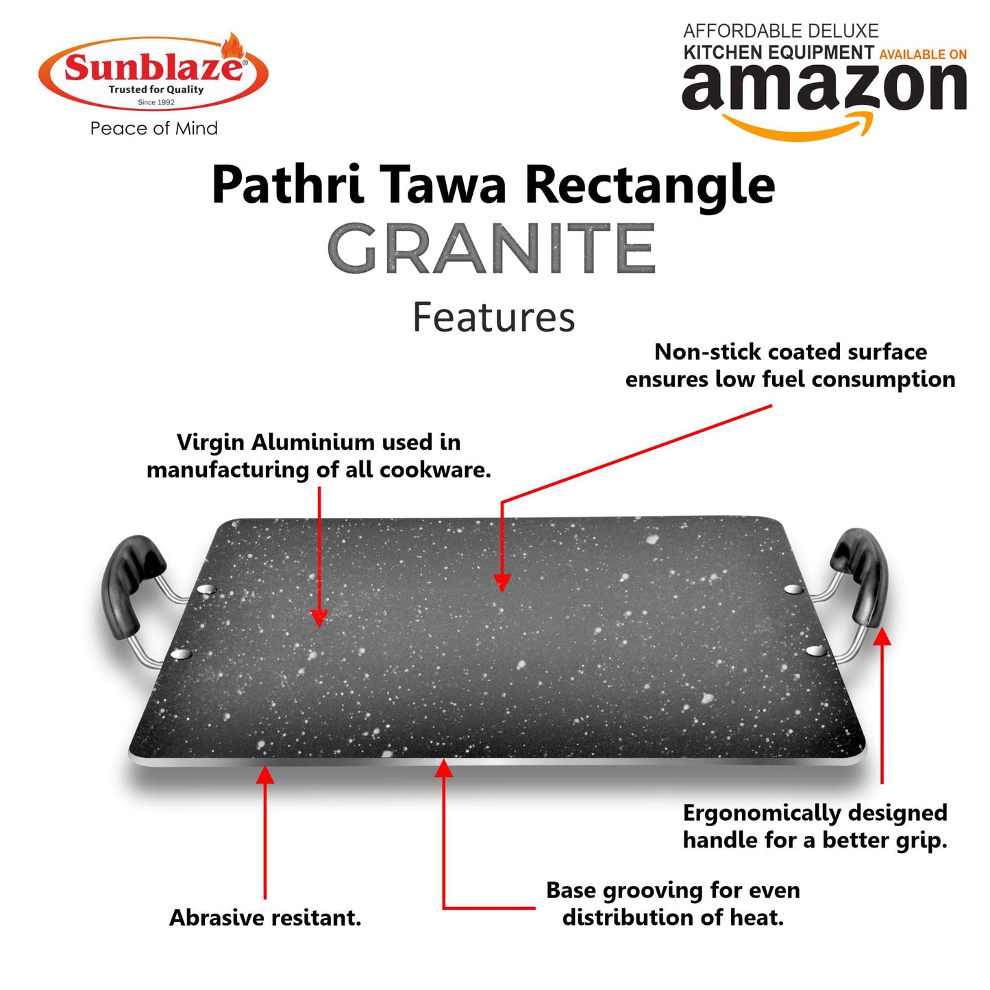 Sunblaze Non Stick Granite Pathri Rectangle Tawa for Dosa, Roti, Chapati Large (380mm×340mm)