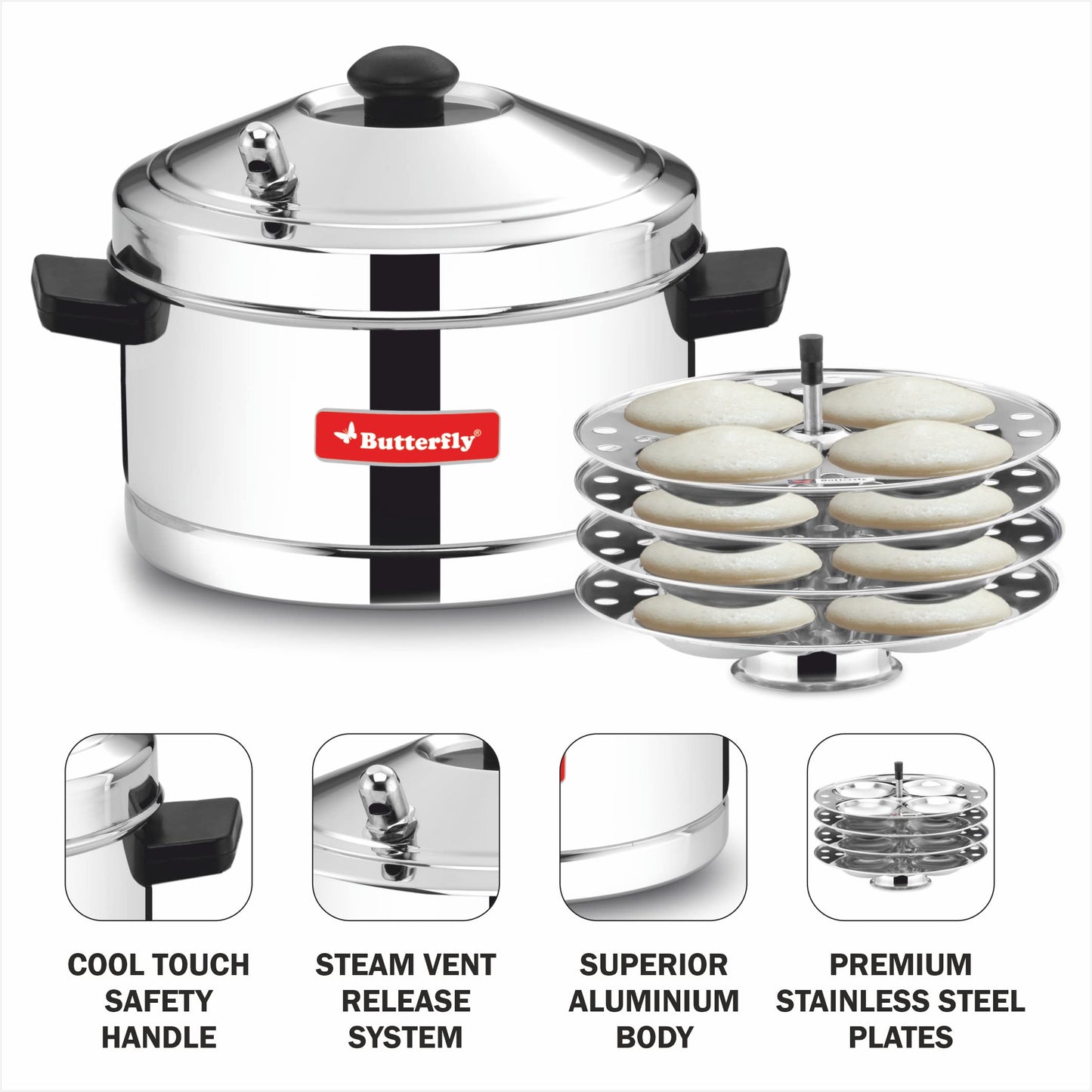 Butterfly Friendly Aluminium Idli Cooker with 4 Stainless Steel Idli Plates