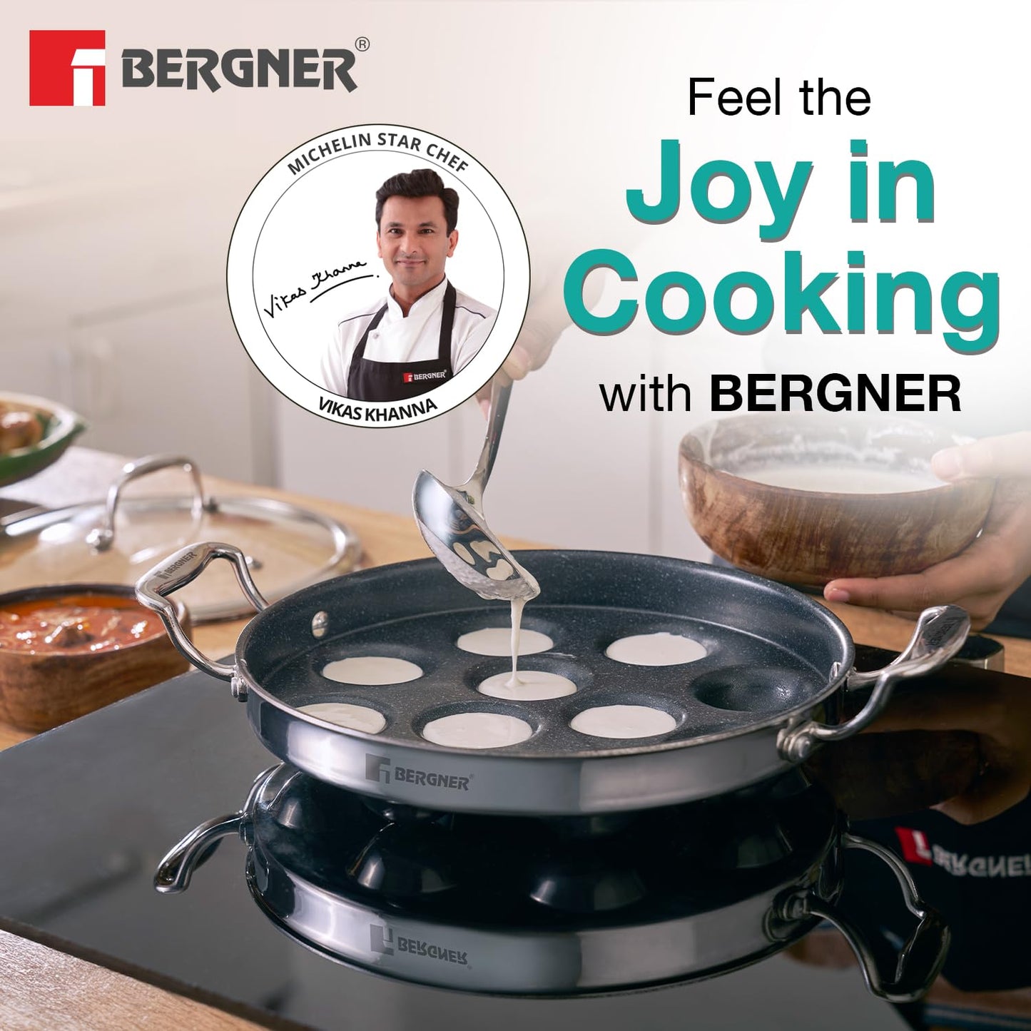 BERGNER Argent Samsara Triply Stainless Steel 11 Pits (25cm) Round Paniyarakkal with Glass Lid, Paniyaram with Quantanium Non-Stick Coating, Consumes Less Oil, Healthy Cooking - Induction Compatible