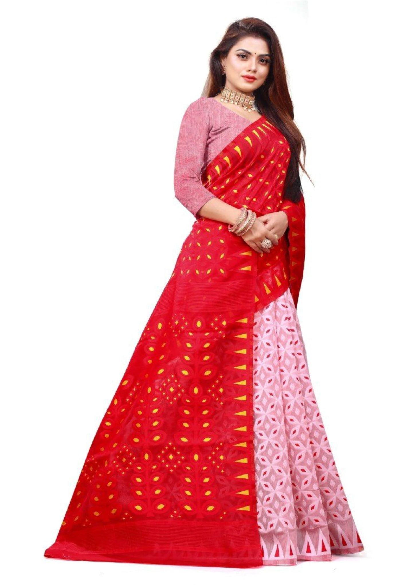 Women`s Bengal Handloom Tant Soft Dhakai Jamdani Cotton Saree Whole Body Design Without Blouse Piece (White Red)