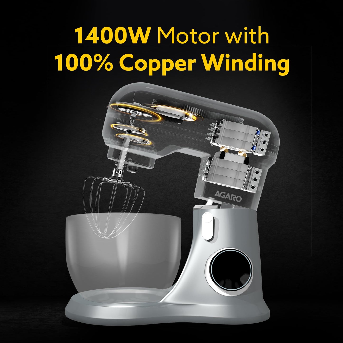 AGARO Elegant Stand Mixer, 1400W with 5.5L SS Bowl, 10 Speed Settings, Pulse Function, 100% Copper Motor, Includes Whisker, Beater, Dough Hook, Dark Grey