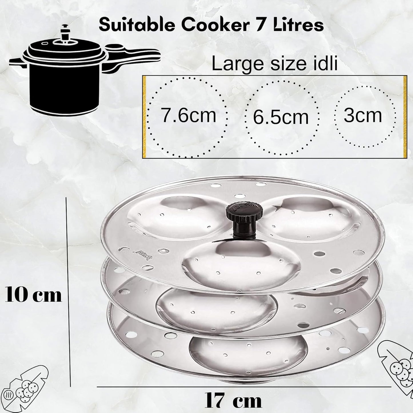 Blluex Stainless Steel Heavy Quality Idli Stand For 5 Liter above Cooker Idli Maker Makes 9 Medium Size Idlis At Once With Stand Kitchen Tool 3 Plates - Silver