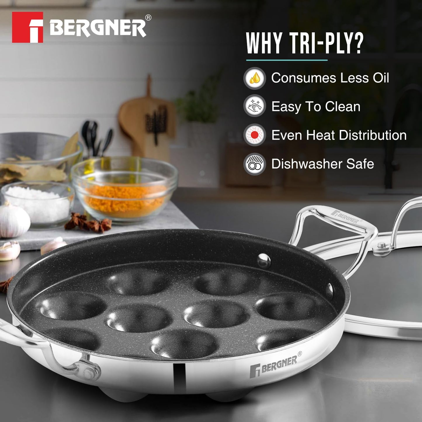 BERGNER Argent Samsara Triply Stainless Steel 11 Pits (25cm) Round Paniyarakkal with Glass Lid, Paniyaram with Quantanium Non-Stick Coating, Consumes Less Oil, Healthy Cooking - Induction Compatible