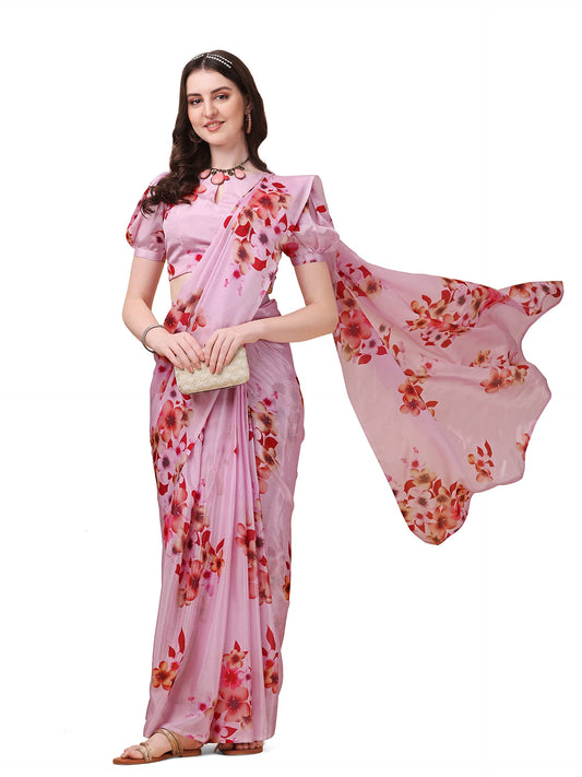 Sidhidata Women's Chifon Georgette Printed Ready To Wear Draped Saree With Unstitched Blouse Piece (Mogra Pink_Pink_Free Size)