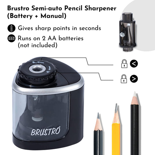 BRUSTRO Semi-Auto Pencil Sharpener | Battery Operated + Manual |Electric Sharpener, Fast Sharping, Automatic, Ideal for Students and Adults, Professional Artists, Auto feed for Home, Office,School use
