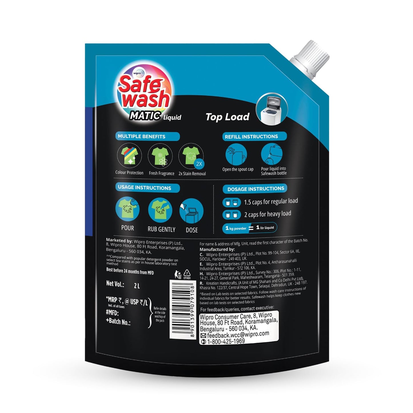 Safewash Top Load Matic Premium Liquid Detergent with Colour-Protect Technology| 2X Stain Removal | For All Types of Fabrics| 2L Refill Pouch
