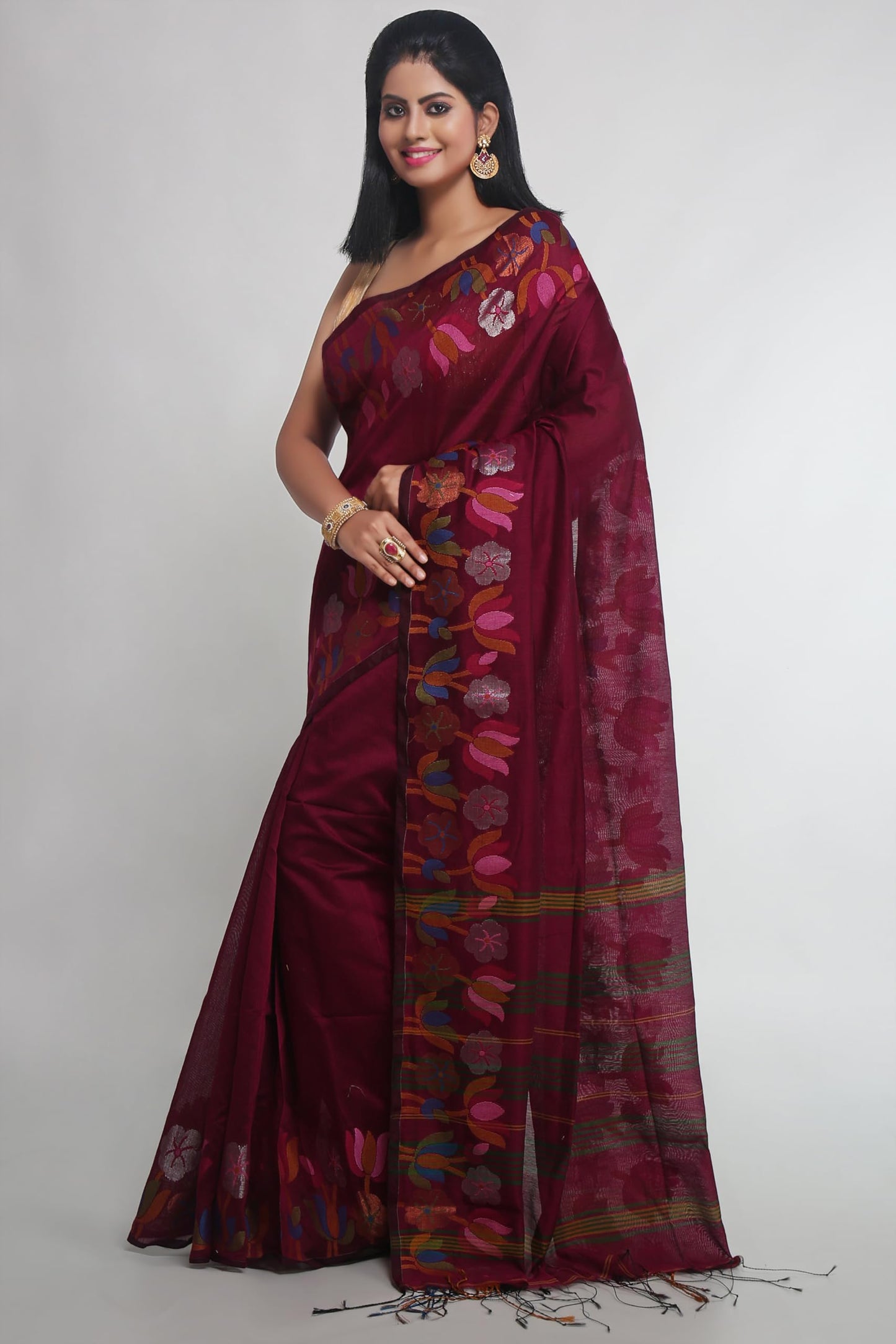 WoodenTant Womens Woven Handloom Cotton Silk Saree In Magenta With Jamdani Lotus Border