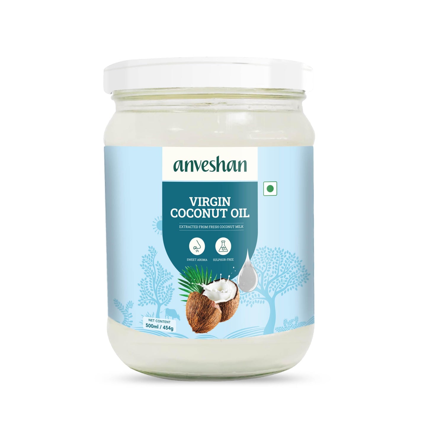 Anveshan Cold Pressed Virgin Coconut Oil 500ML | Glass Jar | Virgin Coconut Oil for Cooking | Virgin Coconut oil for massage | 100% Pure, Natural,Chemical-Free & Edible Coconut Oil | For Cooking, Skin & Hair Health, Oil Pulling