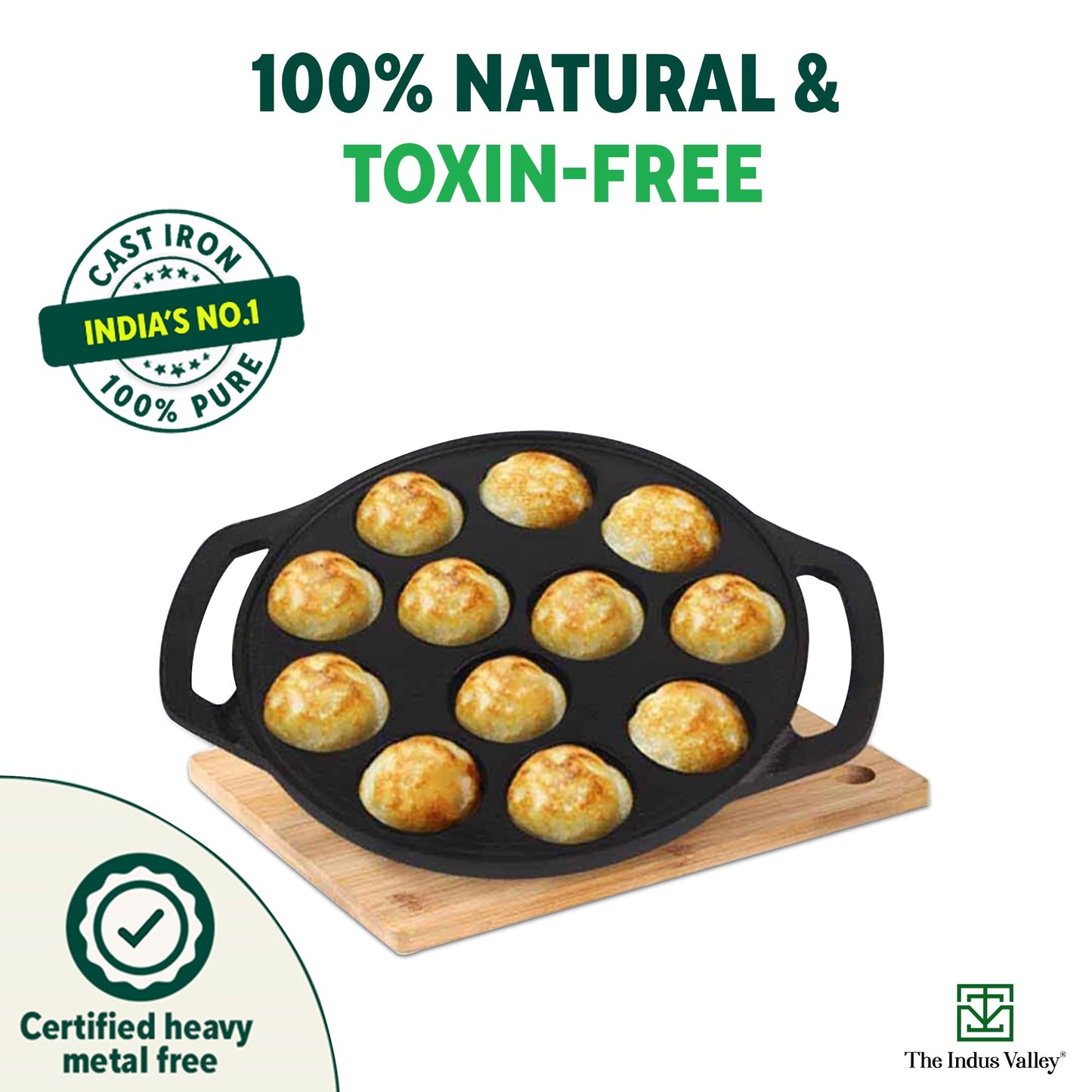 The Indus Valley Pre-Seasoned Cast Iron Paniyaram Pan With Spatula|Medium, 12Pit, 8.3Inch/21 Cm, 2Kg|Induction Friendly|Nonstick Appe/Paddu Pan, 100% Pure & Toxin-Free, No Chemical Coating, Black