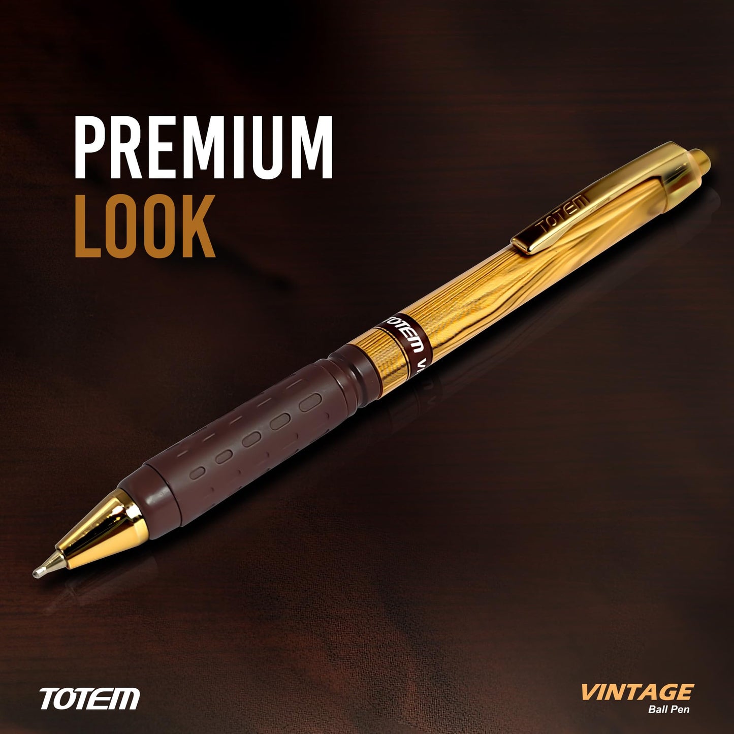 TOTEM Vintage Ball Pens | 10 Blue Ink Pens | Attractive Woody Texture | 0.7 mm Tip | Pens for Students | Comfortable Grip | Smudge Free Writing | Retractable & Click Pens | Gifting & Office Purpose