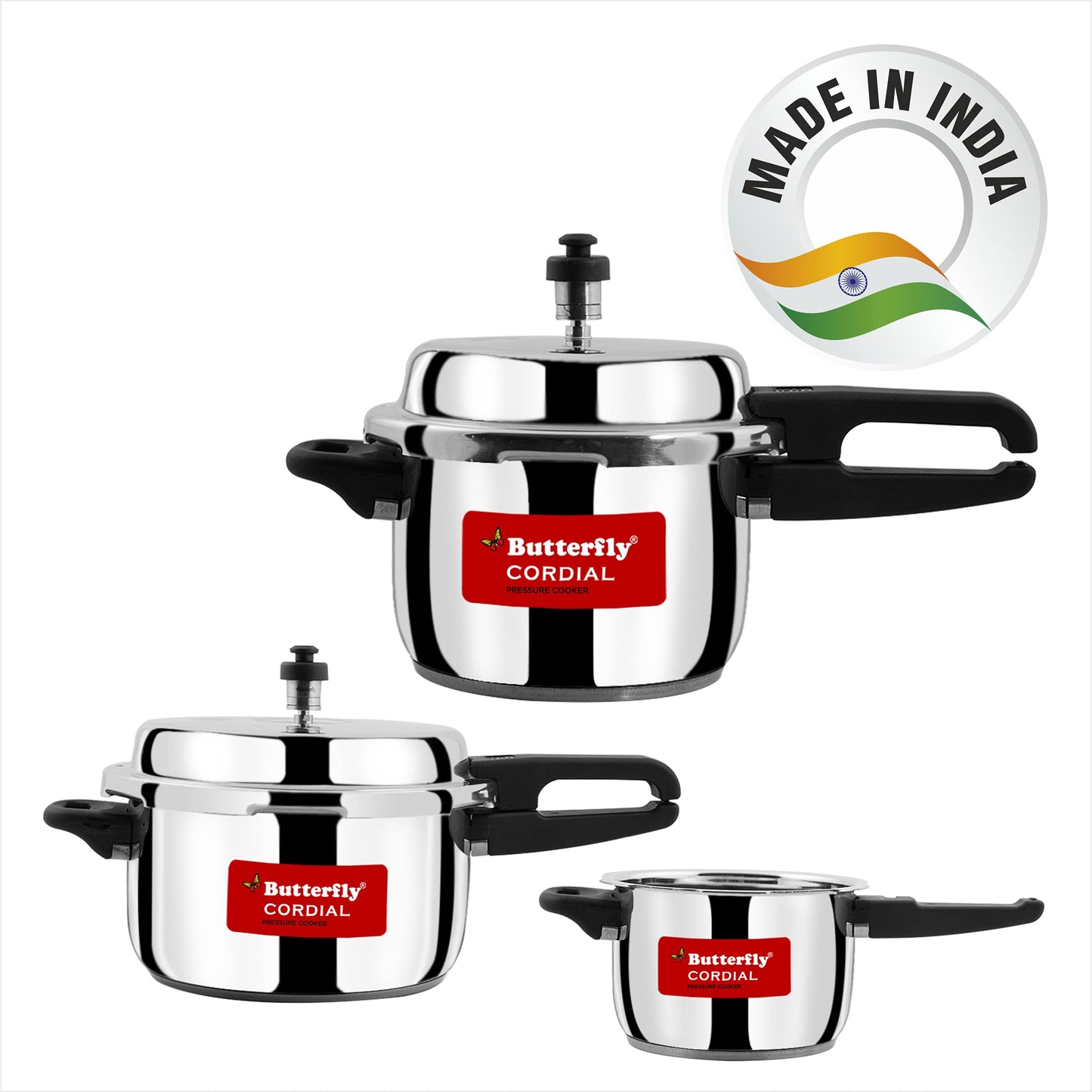 Butterfly Cordial 2, 3 & 5 Litres Outer Lid SS Pressure Cookers | Induction & Gas Stove Compatible | ISI Certified | 2 Years Manufacturer's Warranty