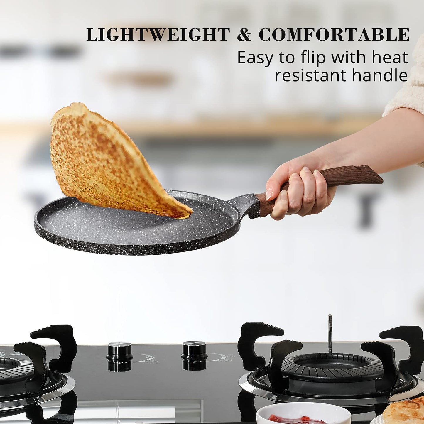 SENSARTE Nonstick Crepe Pan, Swiss Granite Coating Dosa Pan Pancake Flat Skillet Tawa Griddle 12-Inch with Stay-Cool Handle, Induction Compatible, PFOA Free