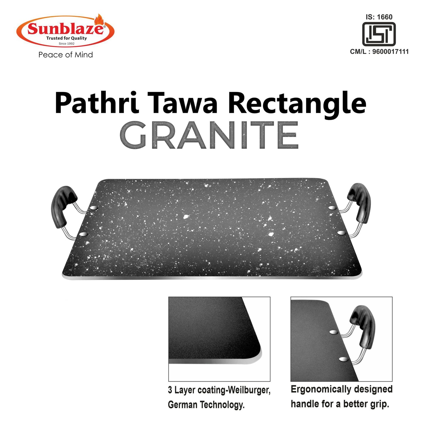 Sunblaze Non Stick Granite Pathri Rectangle Tawa for Dosa, Roti, Chapati Large (380mm×340mm)