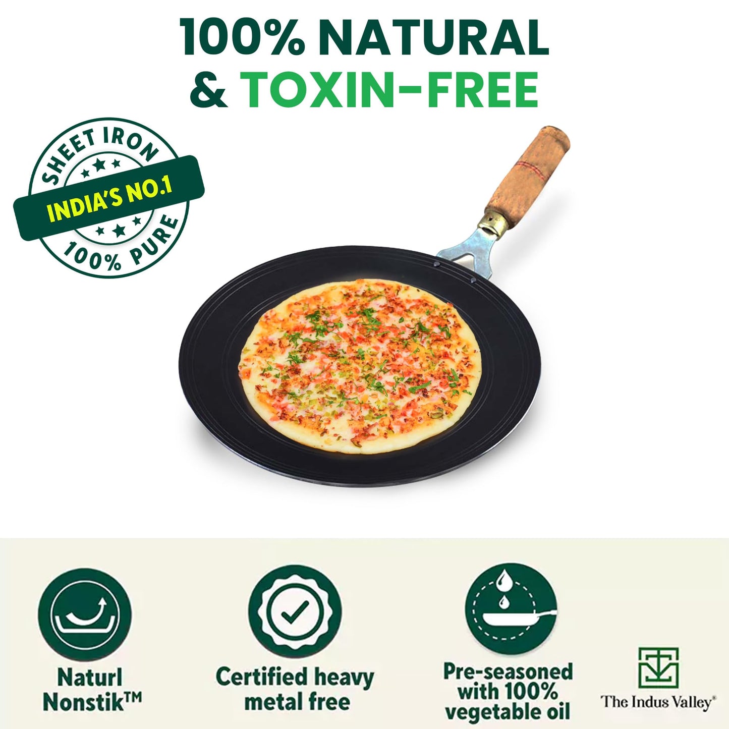 The Indus Valley Pre-Seasoned Iron Tawa for Dosa/Chapathi with Wooden Handle | 27cm/10.6 inch, 0.95kg | Gas Stove Friendly | 100% Pure & Toxin-Free, No Chemical Coating