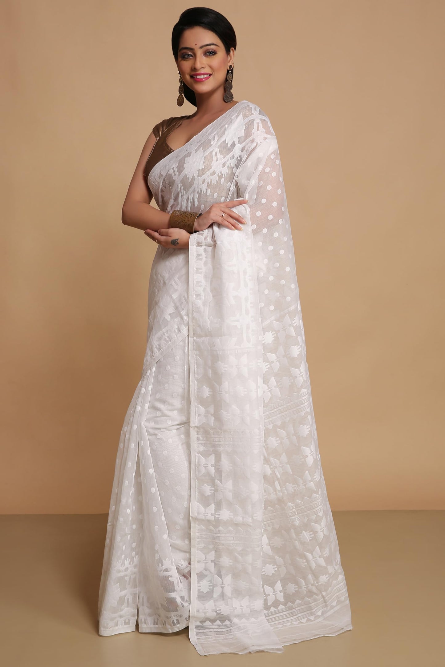 BENGAL HANDLOOM Women'S Cotton Silk Dhakai Softs Vojadi Dhakai Jamdani Sarees (Wite White)