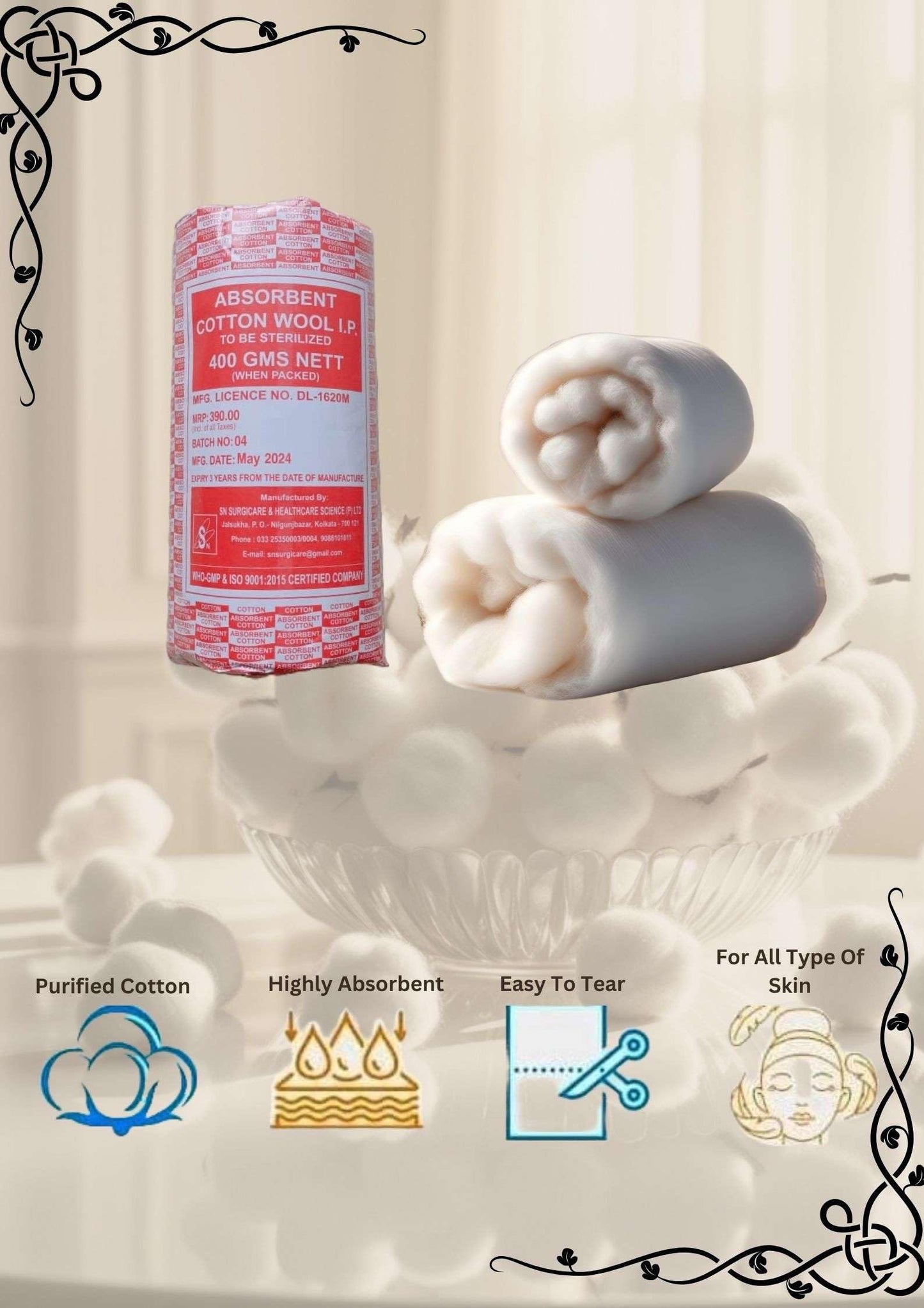 Absorbent Cotton Roll (400 Gram Nett Quality Medical Use (Pack Of 4)