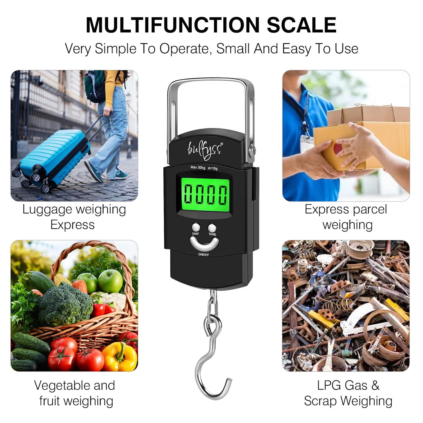 Bulfyss by UrbanFix Electronic 50Kgs Digital Luggage Weighing Scale - Black | Bag Weighing Scale for Luggage | Spring Balance | Weight Machine for Luggage