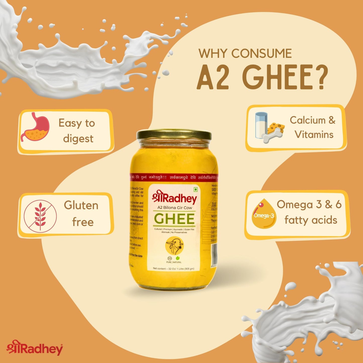 SHREERADHEY Gir Cow Ghee I A2 Bilona Traditional Bilona Method I 1 L Glass Bottle, 1.53 Kg