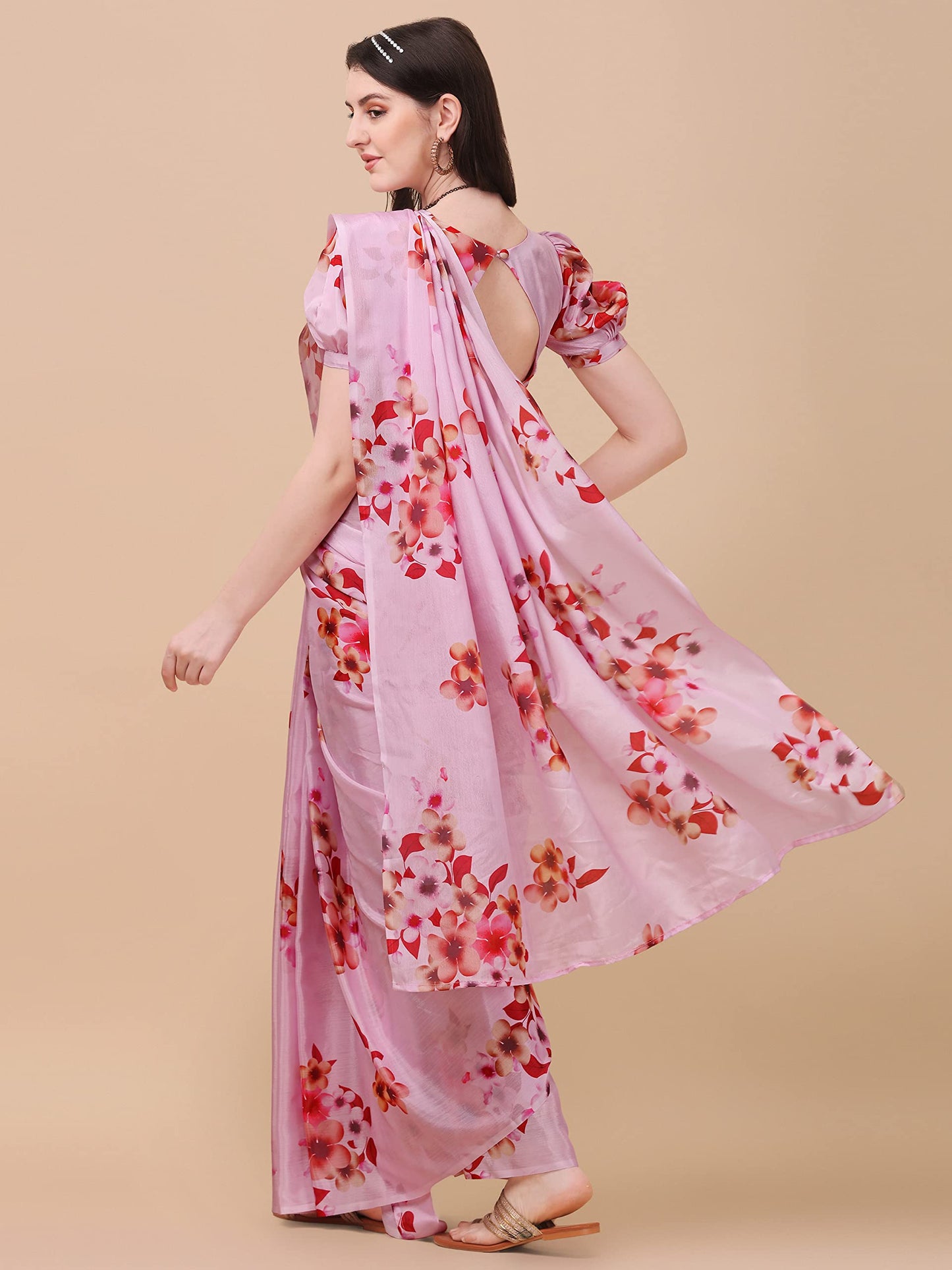 Sidhidata Women's Chifon Georgette Printed Ready To Wear Draped Saree With Unstitched Blouse Piece (Mogra Pink_Pink_Free Size)