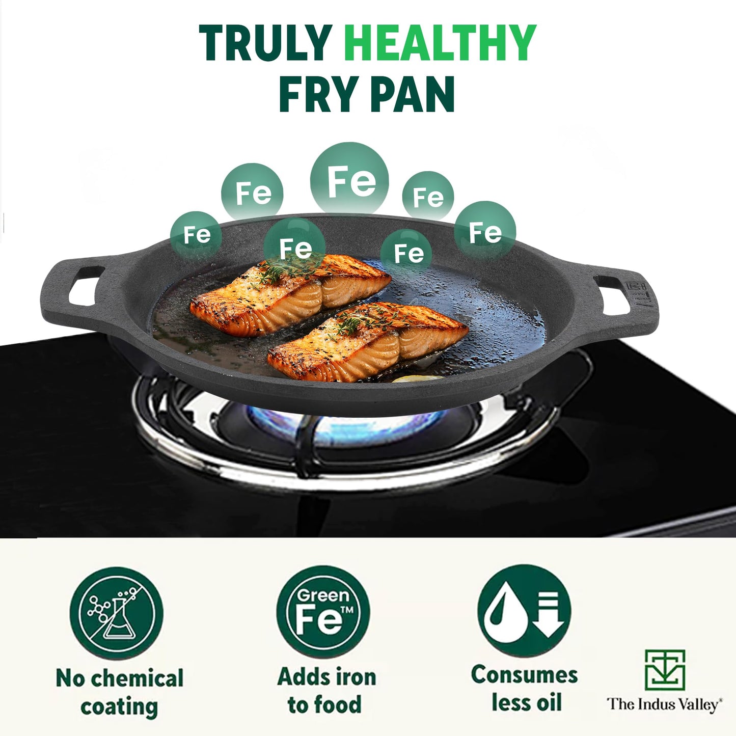 The Indus Valley Preseasoned Cast Iron Fish Fry Pan With Double Handle | Large 25Cm/ 9.8Inch, 2Kg | Induction Friendly | Nonstick Fish Fry Pan, 100% Pure & Toxin Free, No Chemical Coating, Black