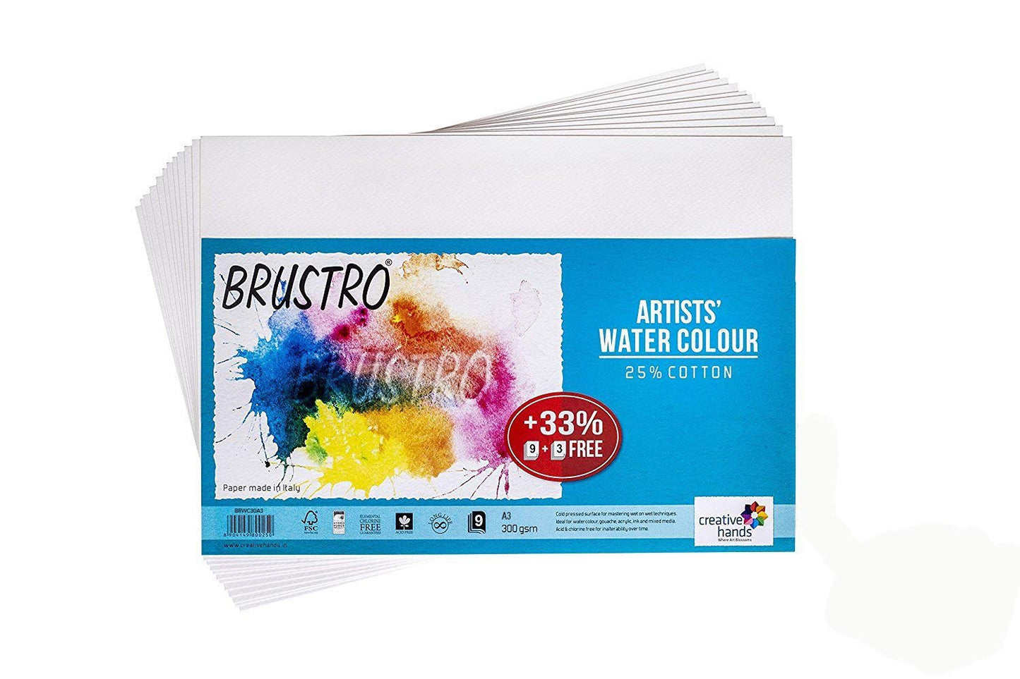 BRUSTRO Artists Watercolour Paper | 300 GSM, A3, 25% Cotton, Cold Pressed | Pack of 12 Sheets | Ideal for Artist, Professional Drawing, Painting Dry & Wet, Fine Art, School, Students, Watercolor