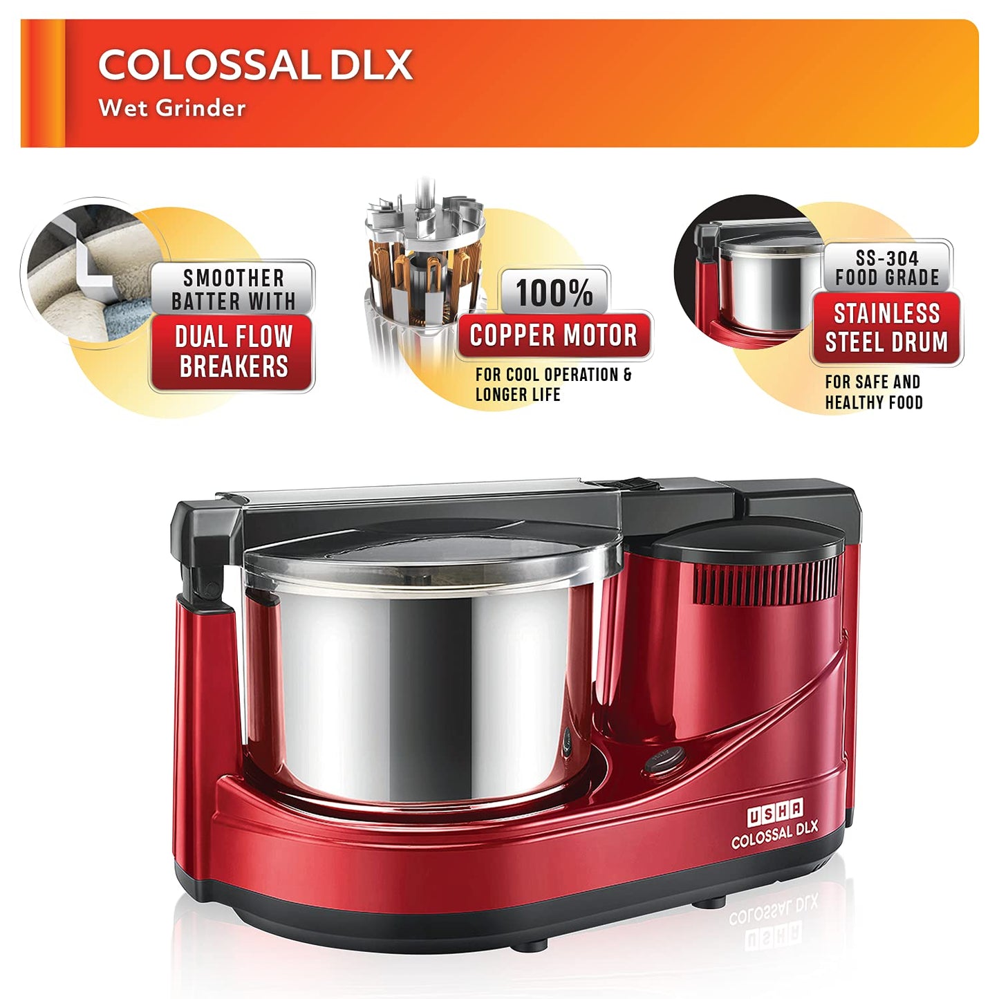 USHA Colossal DLX Wet Grinder 150 W, 2 LTR, 100% Copper Motor and Dual Flow Breakers for Faster, Smooth Batter with Atta Kneader and Coconut Scrapper (Red)