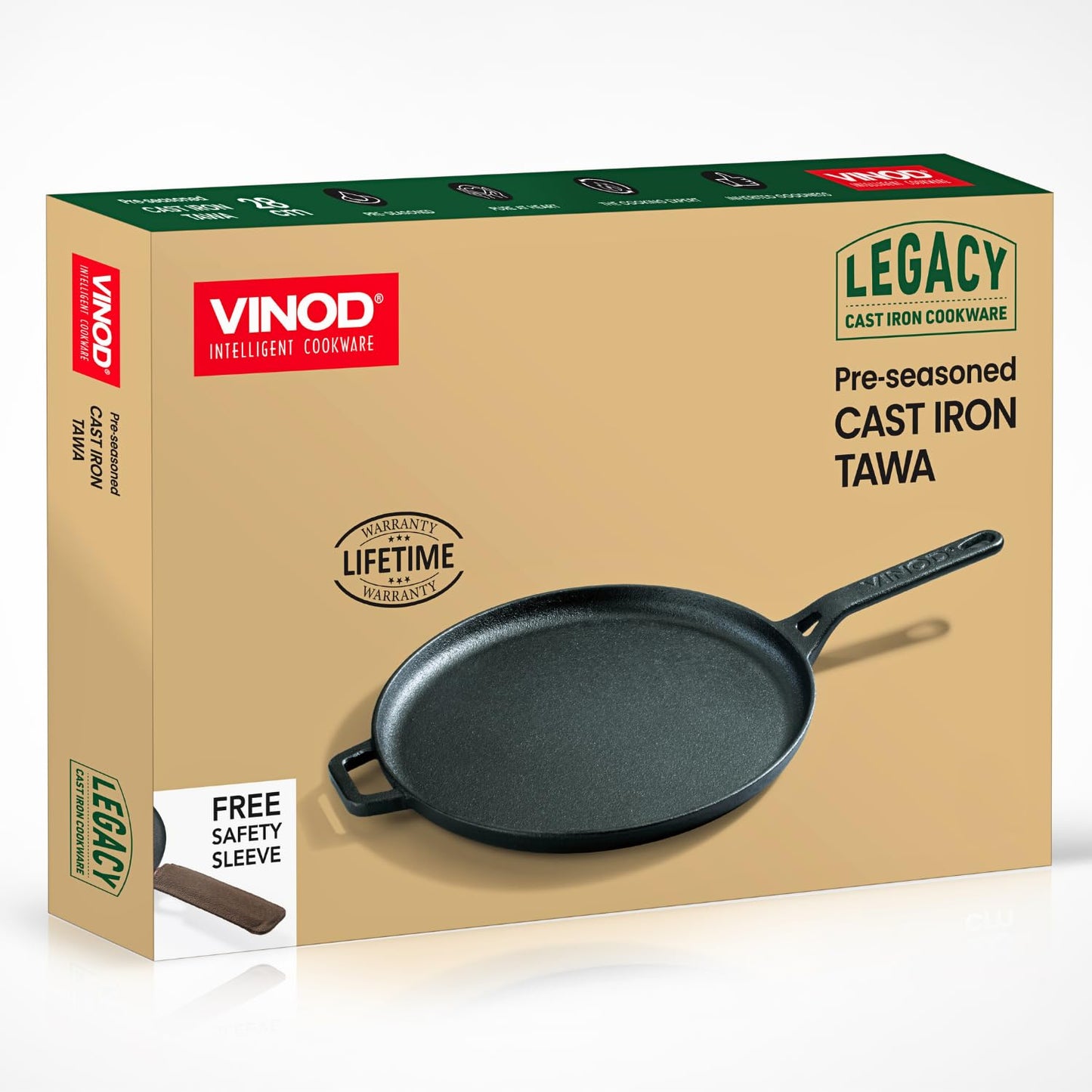 Vinod Legacy Pre Seasoned Cast Iron Flat Roti Tawa with Handle - 28 cm/Chapati, Dosa, Naan, Omlette Kallu Tava / 100% Pure Naturally Non Stick/Toxin & Rust Free/Gas Base