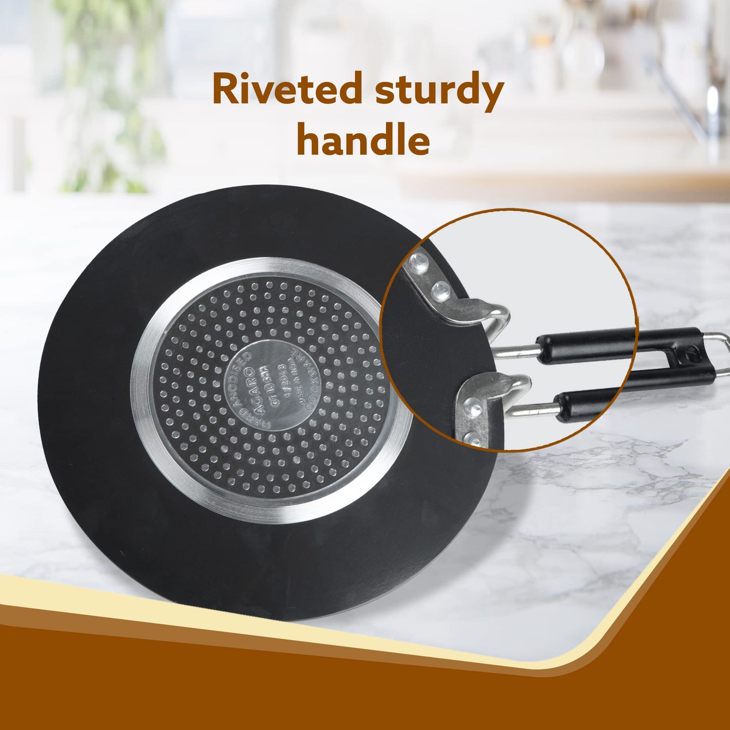 AGARO Elite Hard Anodised Tawa for Kitchen, 28 cm Diameter Tawa for Roti, Chapati, Paratha, Riveted Handle, 4 mm Thick Base for Uniform Heating, Gas & Induction Oven Compatible, Cooking, Cookware