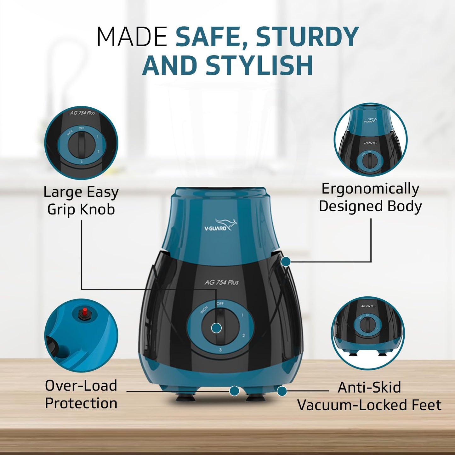 V-Guard AG 754 750 Watt Juicer Mixer Grinder, 3 Year Motor Warranty By V-Guard,4 Jars(Chutney, Dry, Wet & Juicer), Sturdy Juicer Jar with QuadraFlow Design, PrecisionBlend SS Blades, Blue-Black