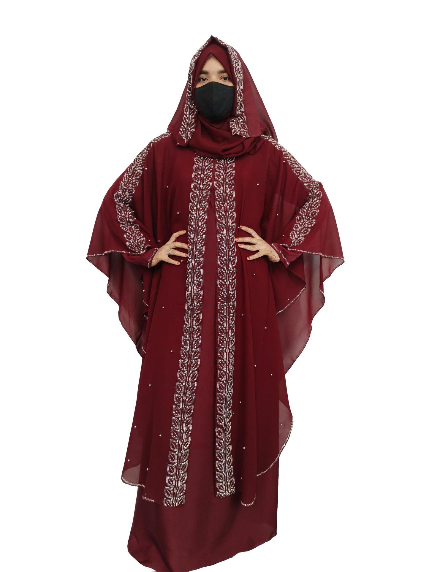 BURAQUE DESIGNER Nida fabric Free Size Muslim Burqa/Abaya & Burkha Dress for Muslim women and Girl's (F01-Maroon Leaf-Burkha)