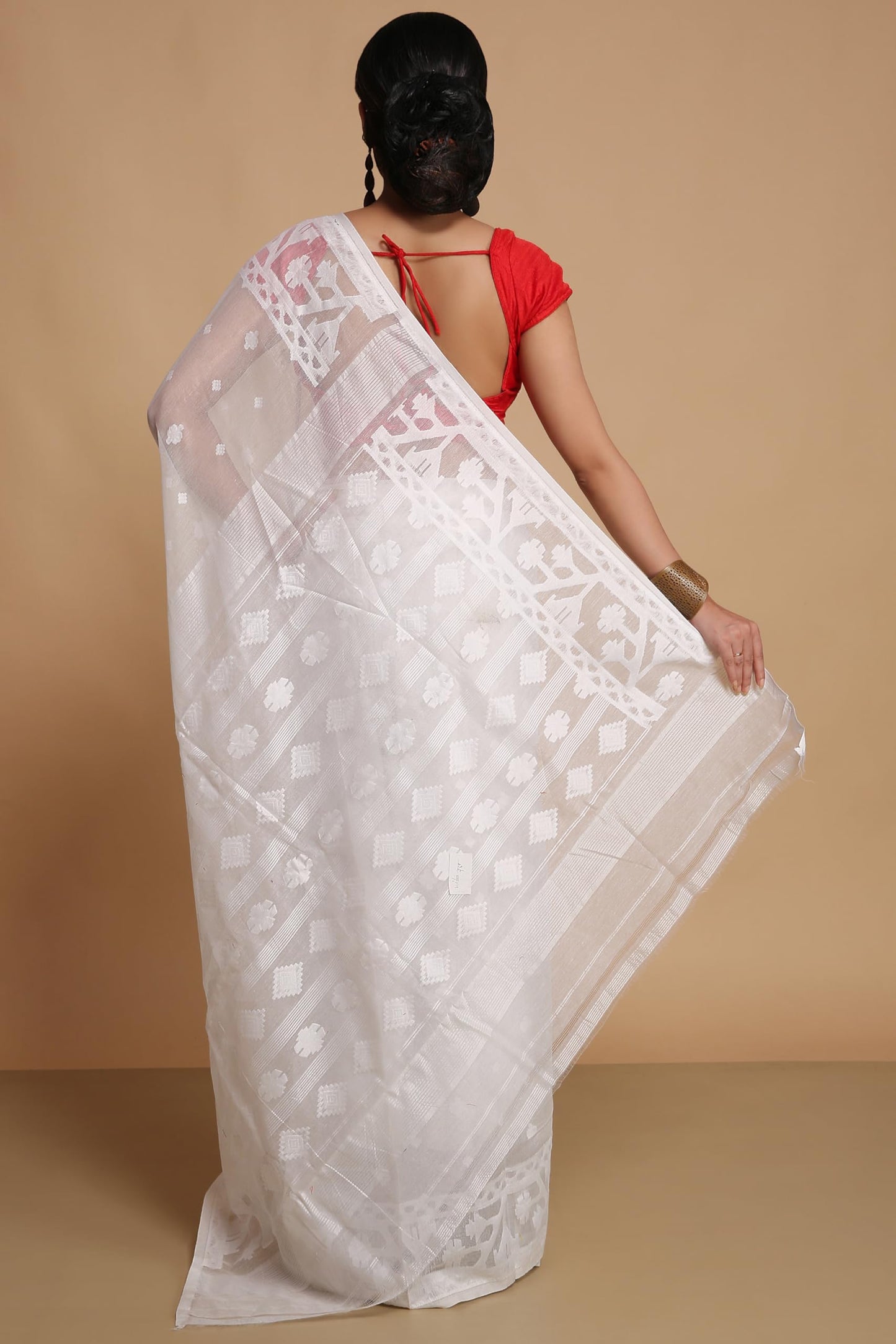 BENGAL HANDLOOM Women's Cotton Silk Dhakai Exclusive Softs Dual Color Jamdani Sarees (White White)