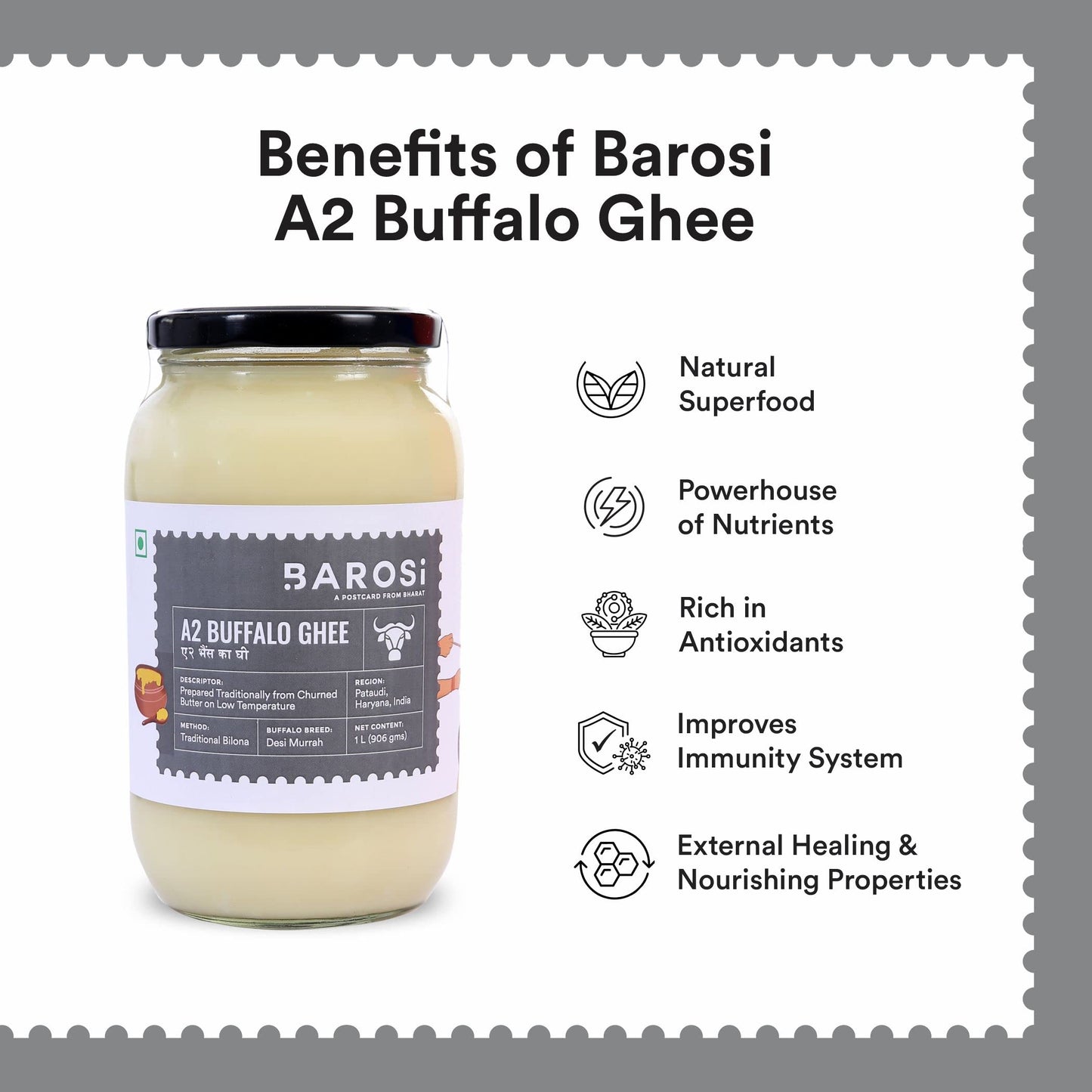 Barosi Premium Buffalo Ghee 1 Litre | Vedic Bilona Method | Churned From Curd | Pure & Natural | Farm Made In Small Batches | Glass Jar Packing