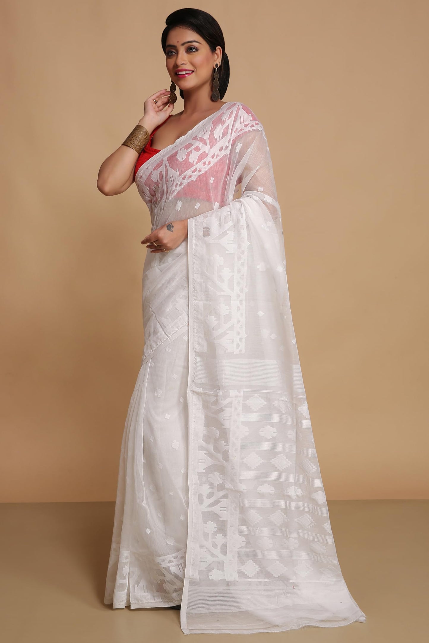 BENGAL HANDLOOM Women's Cotton Silk Dhakai Exclusive Softs Dual Color Jamdani Sarees (White White)