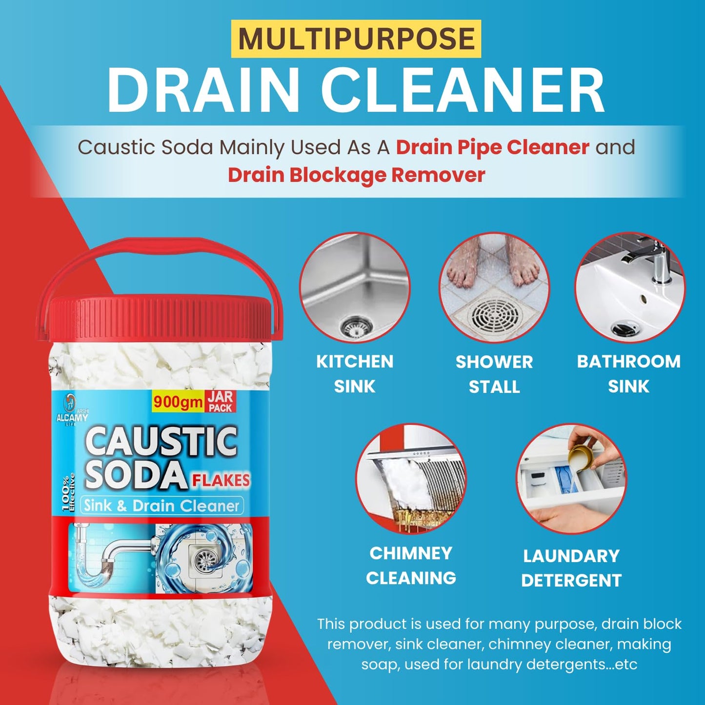 AAAL Caustic Soda Flakes 900gm (SUPER JAR PACK) Chimney Cleaner, Pure & Powerful Drain Cleaner