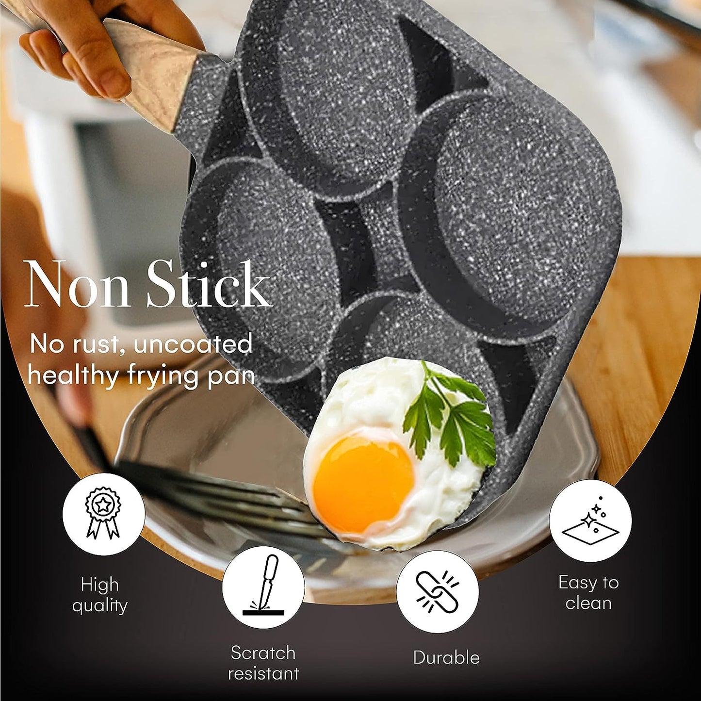 Cannagenix 4 Cups Egg Pan Omelette Pan Frying Pan Egg Frying Pan 4 Cup Crepe Pan Granite Egg Cooker Breakfast Pancakes Pan Suitable for Gas Stove & Induction Cookware (Wood Grain Handle)