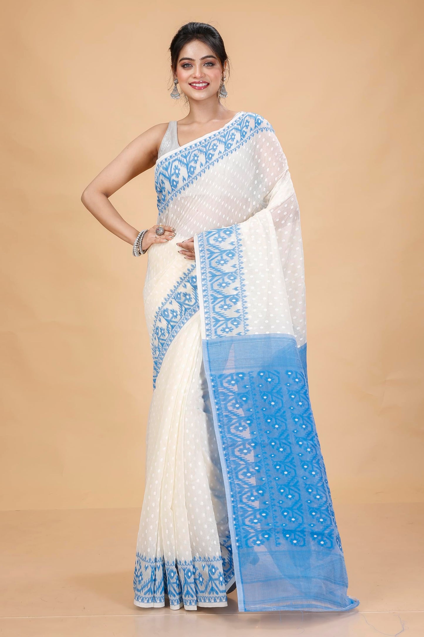 Tant Vastra Women’s Soft Resham Dhakai Ball Work Jamdani Saree without Starch And Without Blouse Piece (Steel) (White-Light Blue)