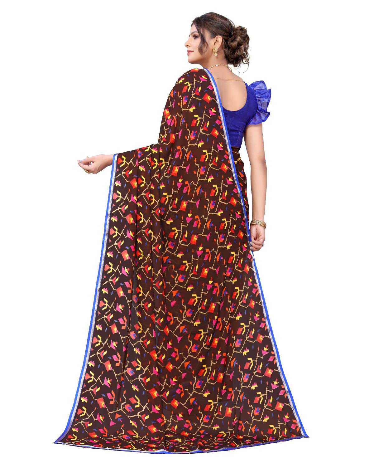 Tarshika Women's Brown Floral Printed Georgette Saree with lace border(RAVAN BROWN_W_Free Size)