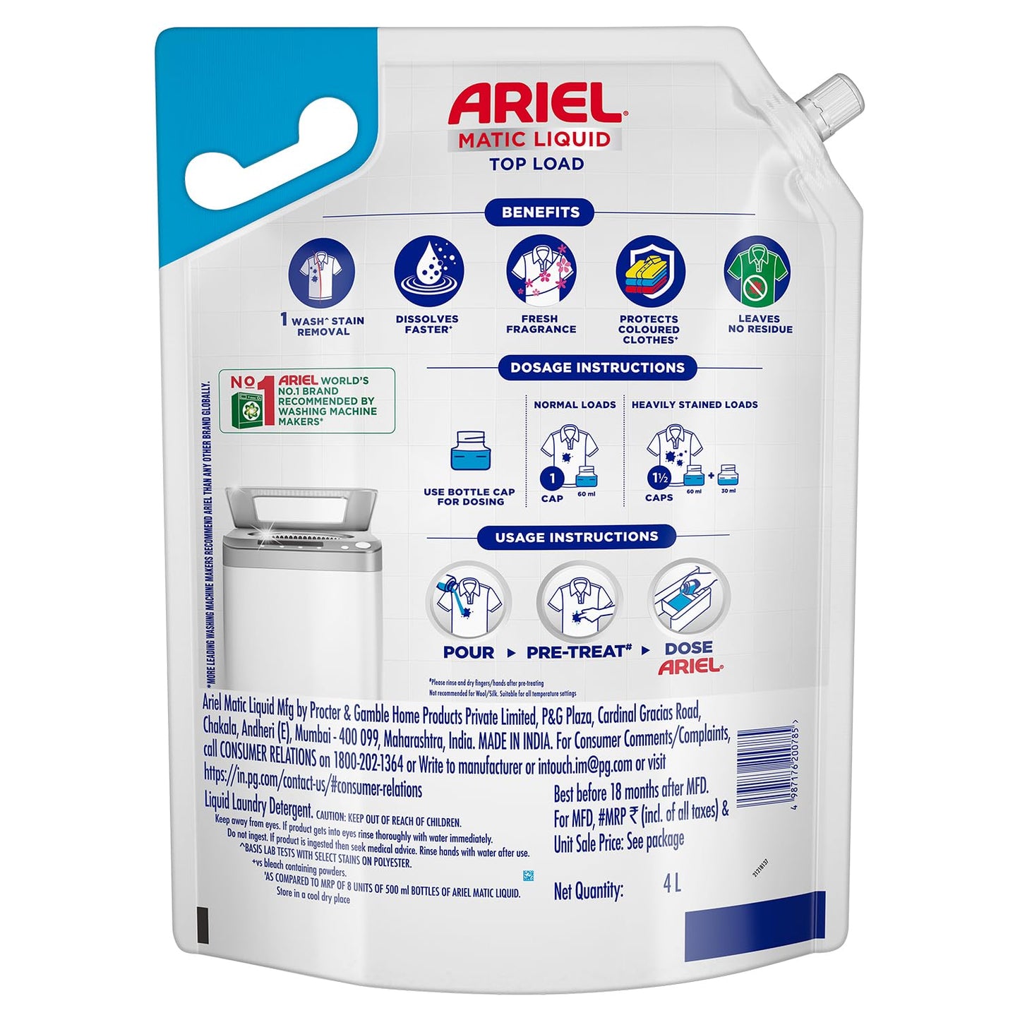 Ariel Top Load Liquid Detergent, 3 Ltr + 1 Ltr free, Removes Tough Stains, Specially designed for Top Load Washing Machine