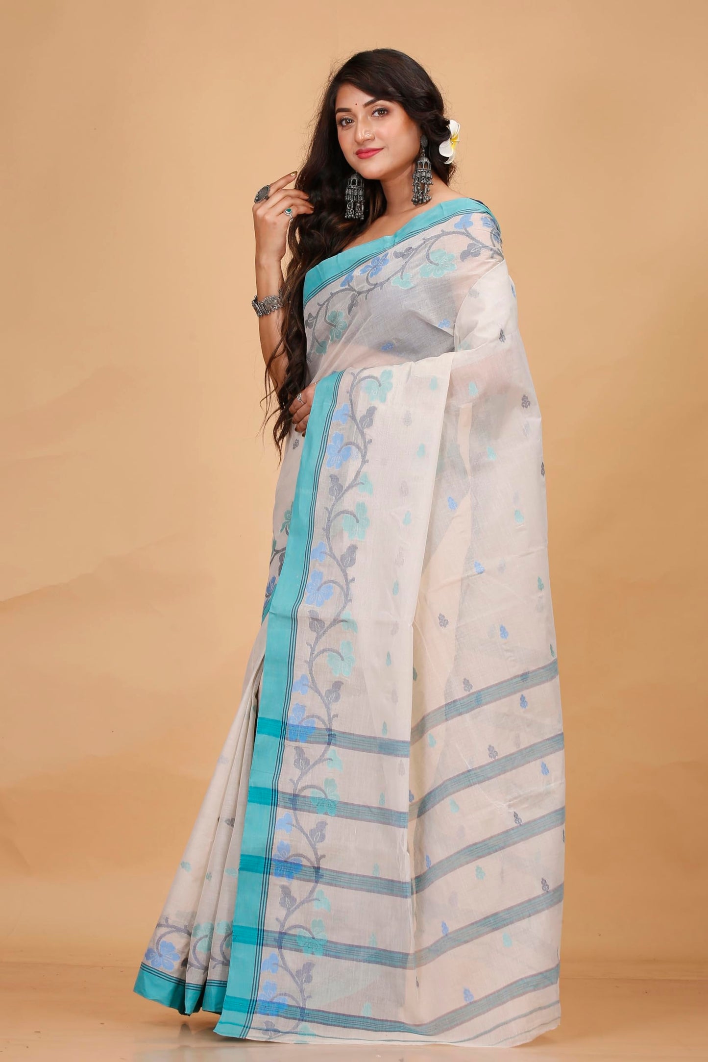 Tant Story Women's Traditional Bengal Trending Tant Handloom Pure Cotton Tangail Saree without Blouse Piece (Off White)