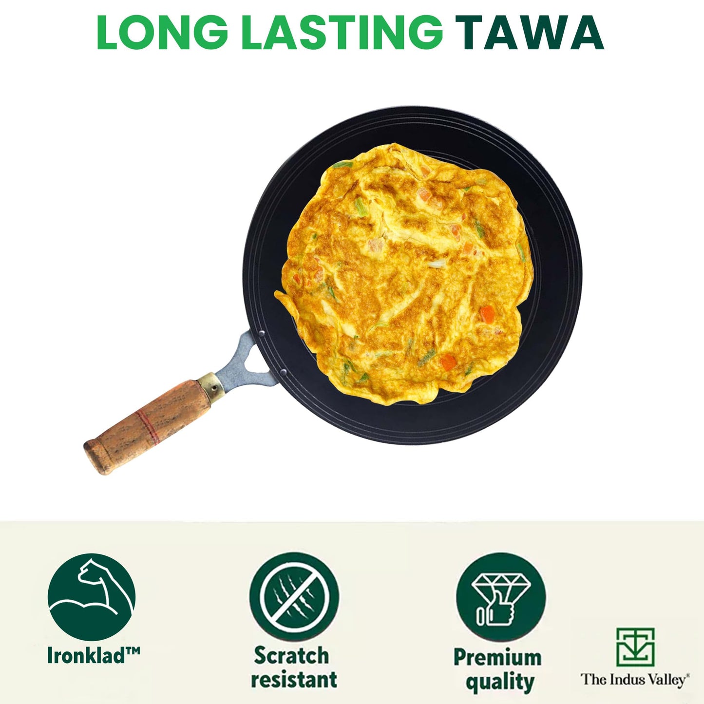 The Indus Valley Pre-Seasoned Iron Tawa for Dosa/Chapathi with Wooden Handle | 27cm/10.6 inch, 0.95kg | Gas Stove Friendly | 100% Pure & Toxin-Free, No Chemical Coating