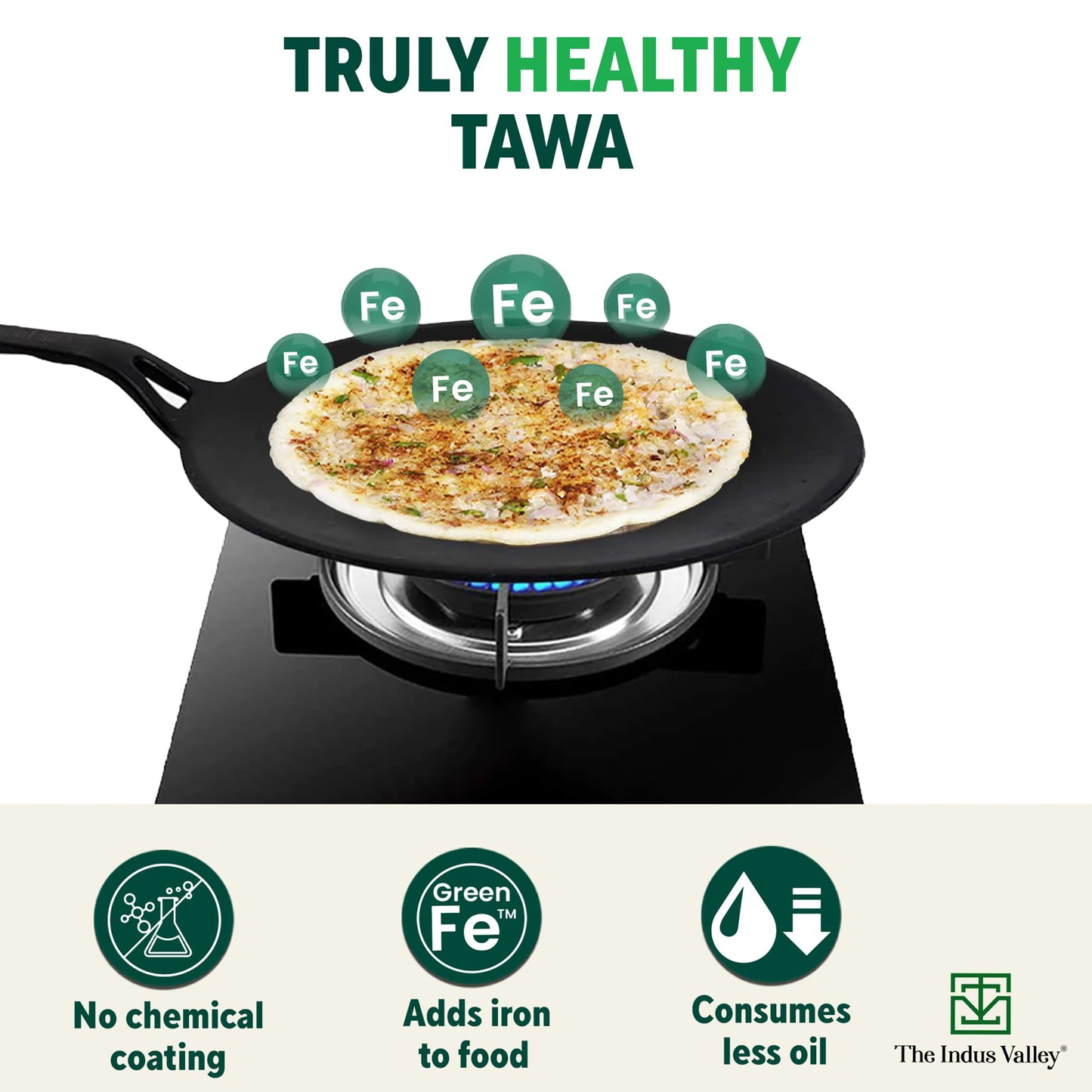 The Indus Valley Pre-Seasoned Cast Iron Concave Dosa Tawa + Free Wooden flip | 25.4cm/10 inch, 1.9kg | Gas Stove Compatible | Naturally Nonstick, 100% Pure & Toxin-Free, No Chemical Coating